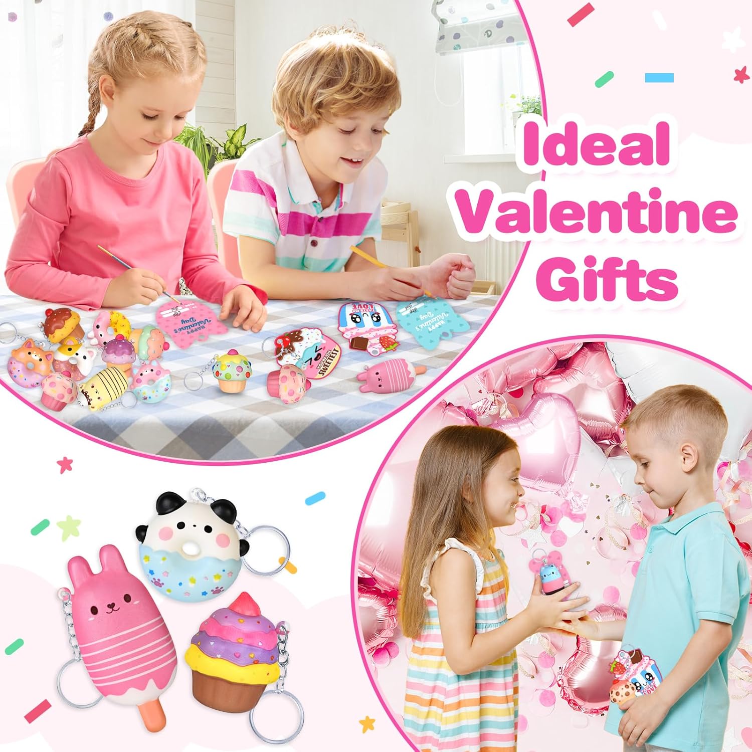 28 Pack Valentines Cards for Kids, Valentine Dessert Squishy Toys with Cards, Classroom Exchange Prizes & Party Favors, Kids Valentines Day Cards, Ideal Valentine Gifts for Boys Girls (Deep pink)