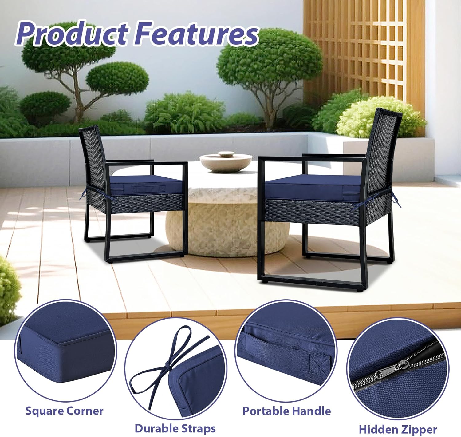 Outdoor Chair Cushions Set of 4 -Waterproof Outdoor Seat Cushions for Patio Furniture, Patio Chair Cushion with Handle and Ties, Square Out Door Chair Pads,19" x 19" x 3", Navy Blue - Image 5
