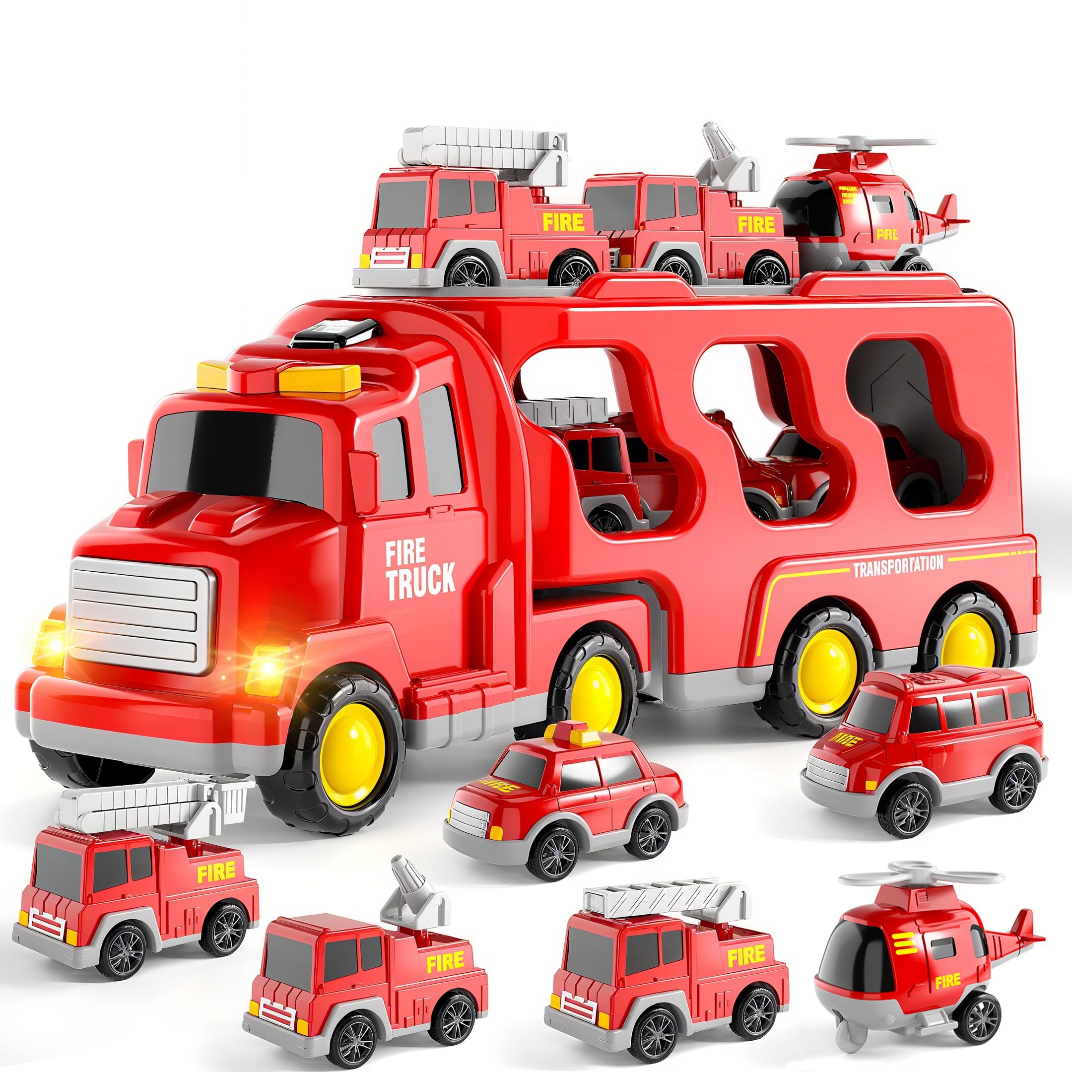 Fire Truck Toys 7 in 1 for Toddlers 3-12 Years Old Boys Girls, Friction Power Car Carrier Transport Vehicle with Light & Sound, Kids Birthday — image 1