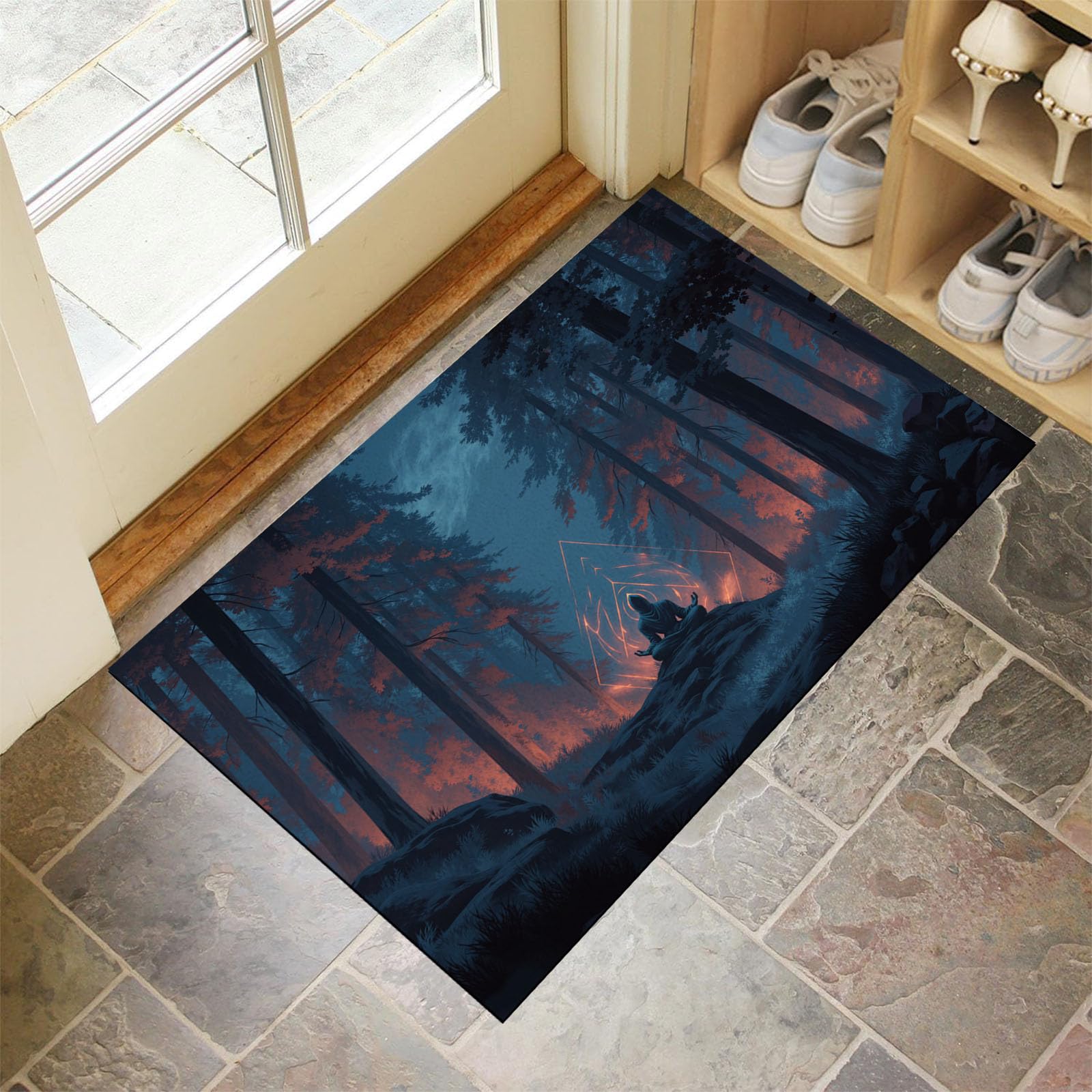 Zerbino per Ingresso, I Praticanti Meditano Tappetino Antiscivolo, Foresta Magica Zerbini di Benvenuto, Zerbino per Porta e Corridoio, Lavabile in Lavatrice - 80x120 cm, Blu Navy