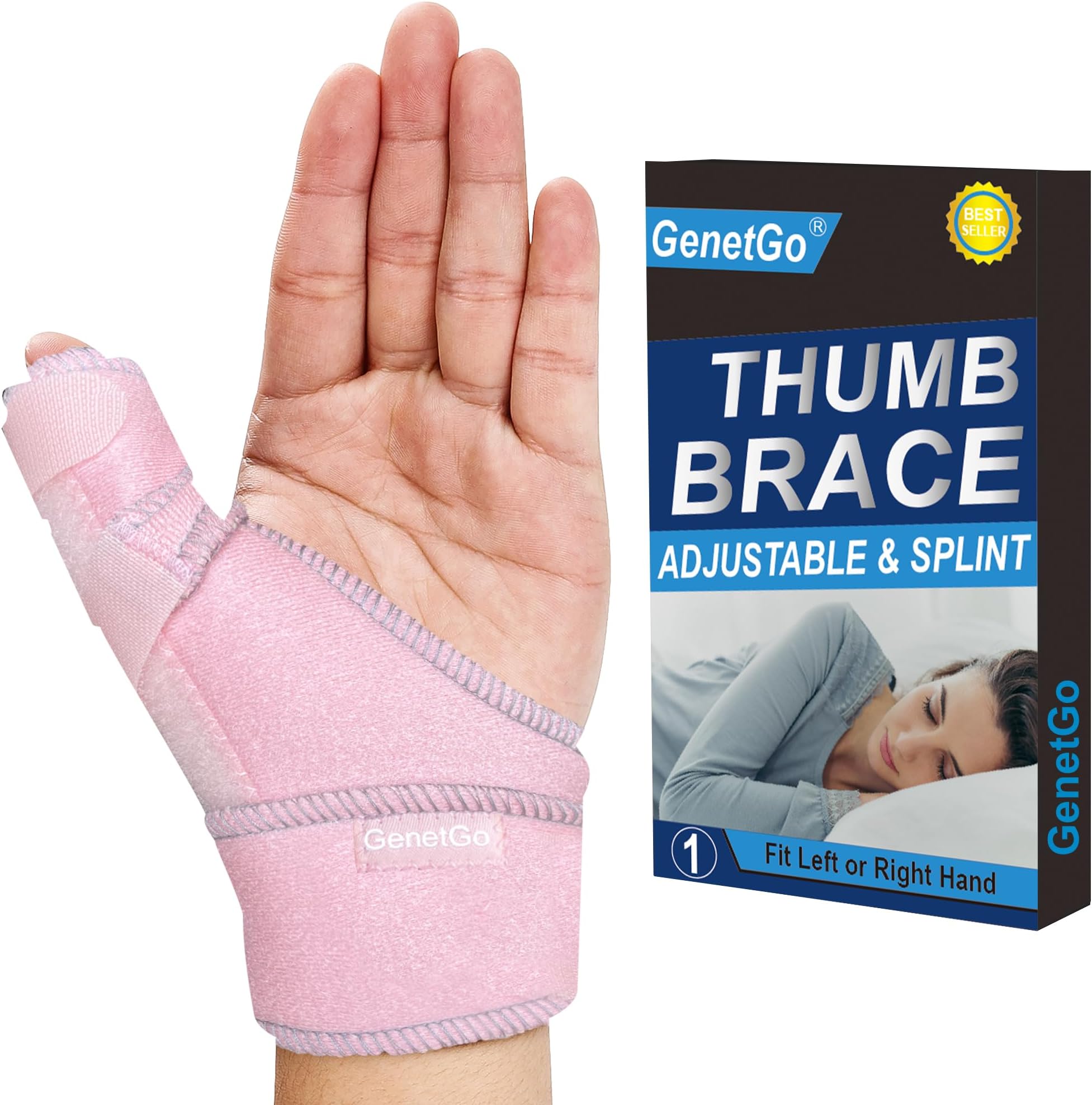 GenetGo Trigger Thumb Splint - Thumb Spica Support Brace Stabilizer for Pain, Sprains, Arthritis, Tendonitis (Right Hand or Left Hand) (Pink)
