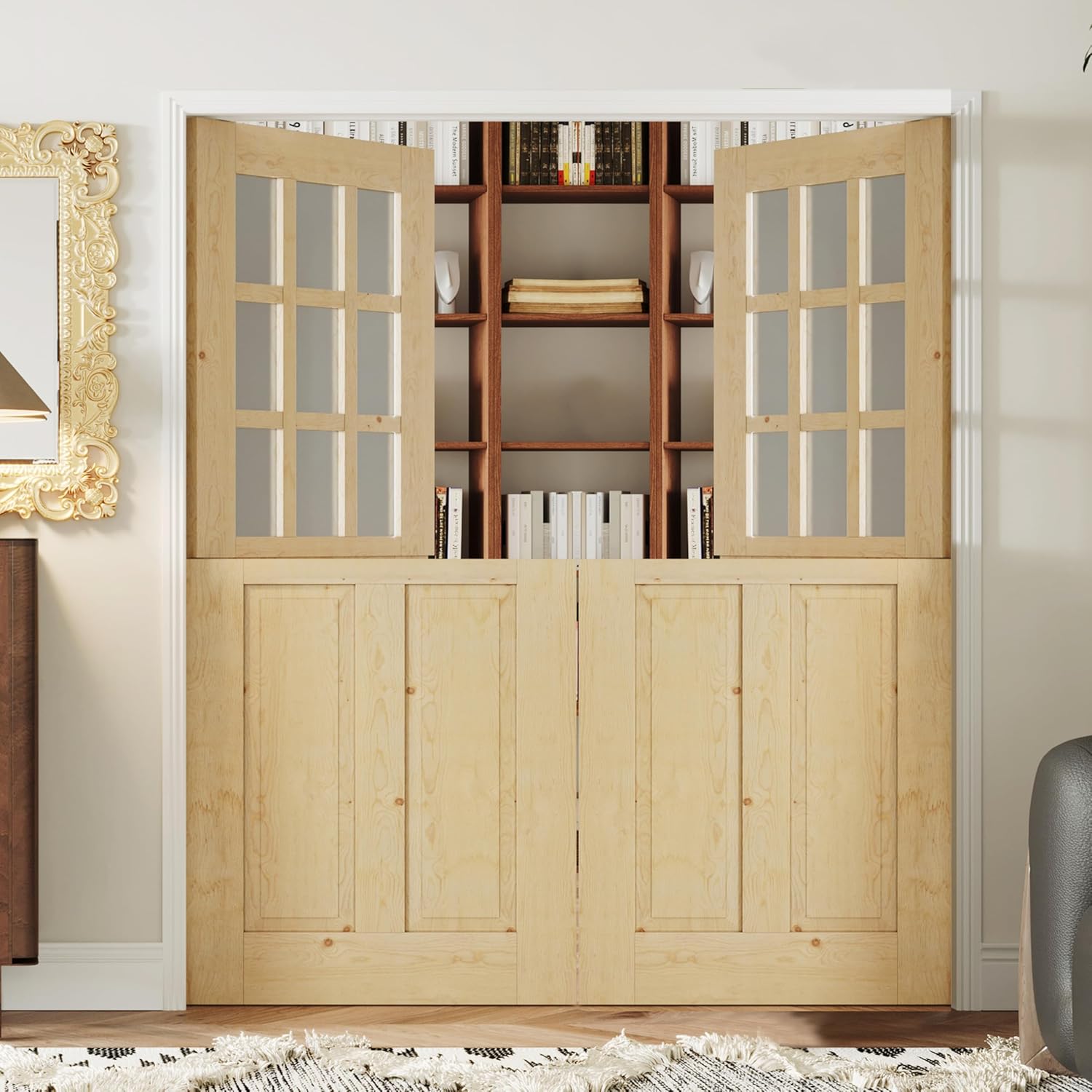 36" x 80" Pantry Doors, 9-Lite Frosted Glass Split Single Dutch Door Slab, Modern Style Farmhouse Closet Doors, Natural Pine Wood(Hinges Not Include)