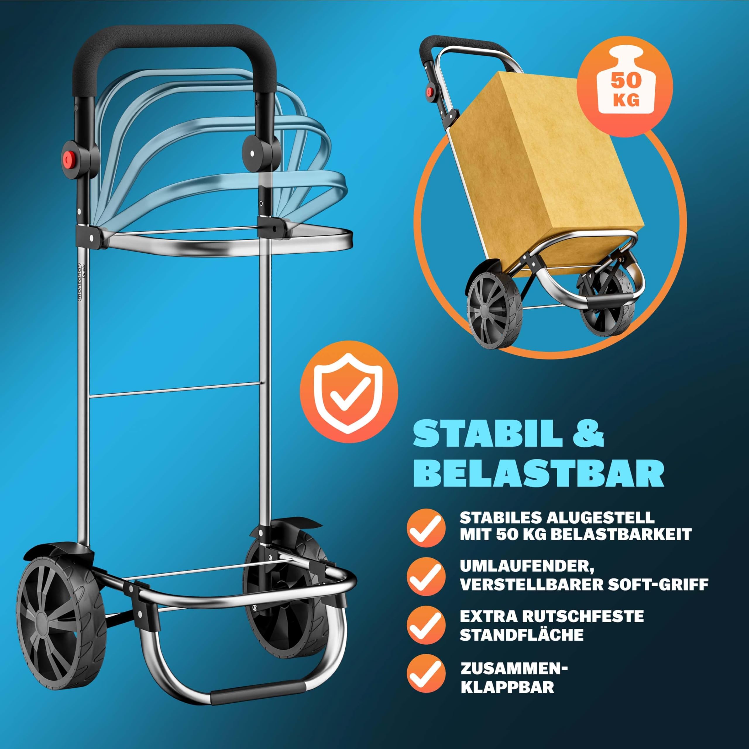 MONZANA® 3in1 Einkaufstrolley 56L bis 50 kg klappbar abnehmbare Tasche Handwagen Einkaufswagen Einkaufshilfe Roller Schwarz