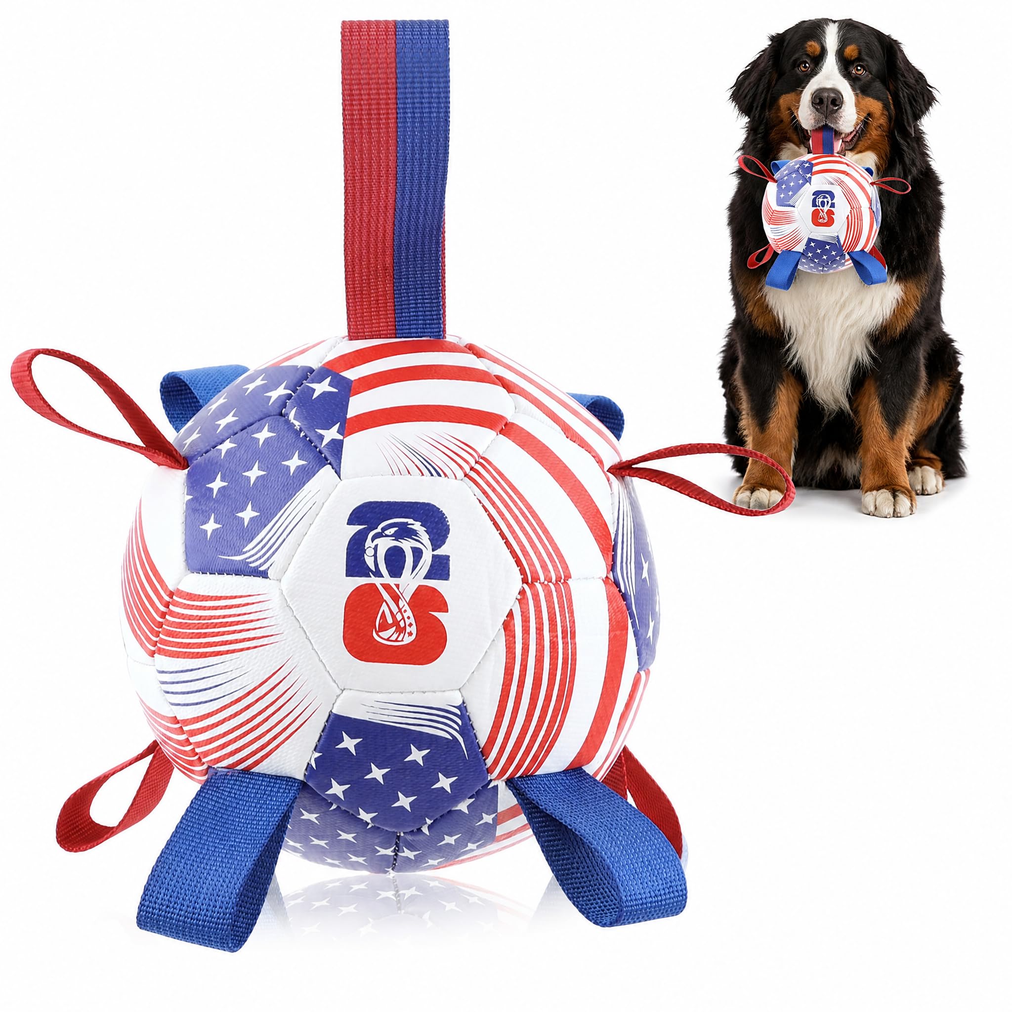 Dog Soccer Ball with Straps, 7.25 Inch Herding Dog Ball Toys World Cup Dog Toy, Balls for 30-90lbs Dogs, Outdoor Dog Toy for Medium Large Puppy, Interactive Toy for Tug, Water Toy Ball,U.S.A