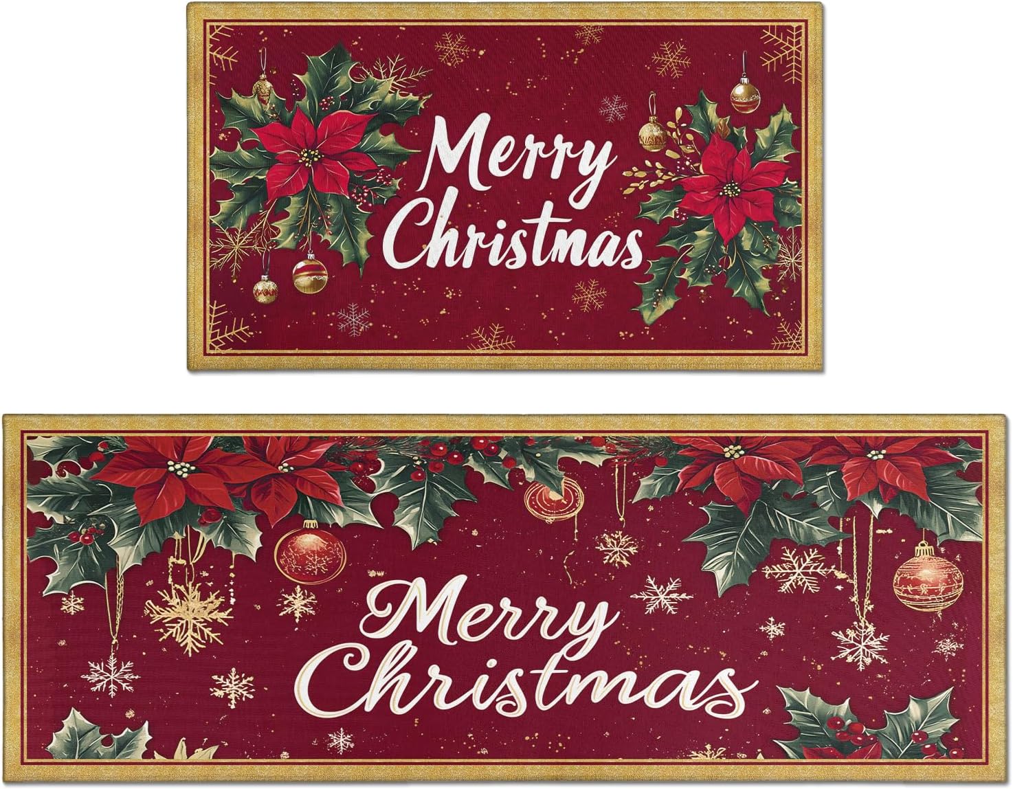Christmas Kitchen Mats Set of 2, Red Xmas Kitchen Rugs for Floor and Door Mat Christmas Home Decorations - 17x30 and 17x47 Inch