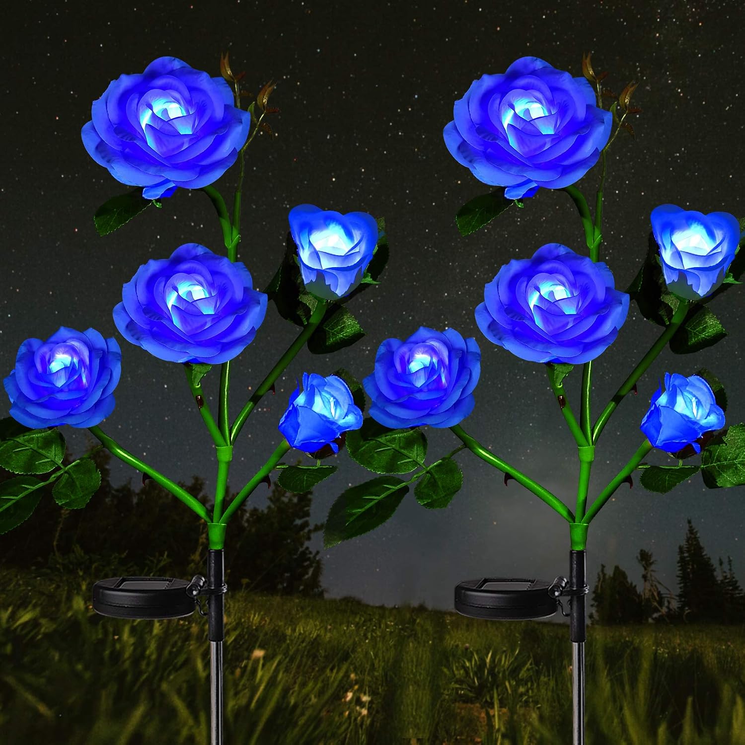 HeyMate Solar Flower Lights Garden Decoration - 2 Pack Solar Blue Rose Lights with 10 Rose Flowers Waterproof Solar Garden Decorative Lights for Garden,Patio,Backyard,Pathway,Christmas,Decorations