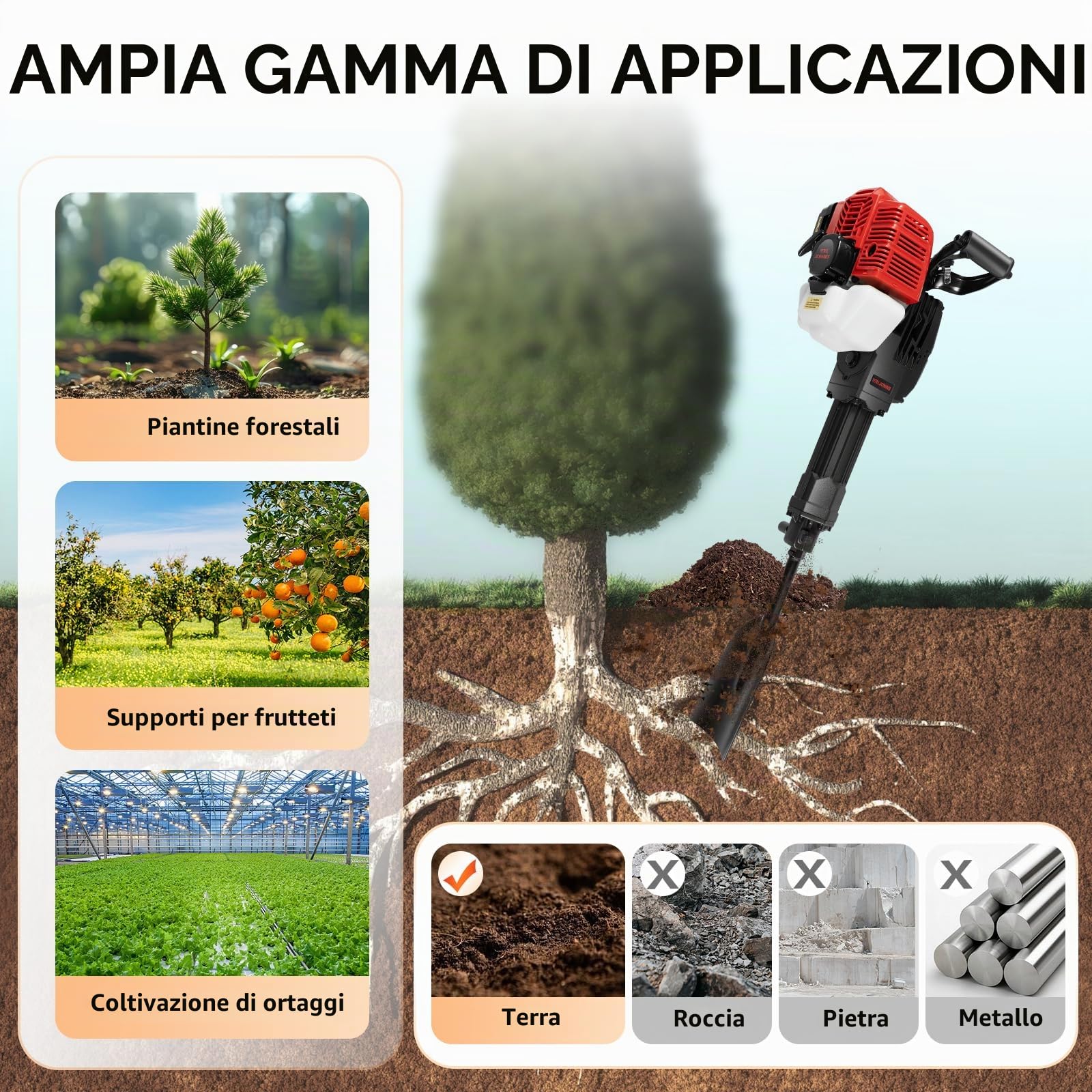 MINRS Martello demolitore 52CC a 2 tempi con pala, martello a benzina 55j 6500 rpm, martello demolitore a benzina, vanga da giardino, bagge per lavori di speronamento forestale