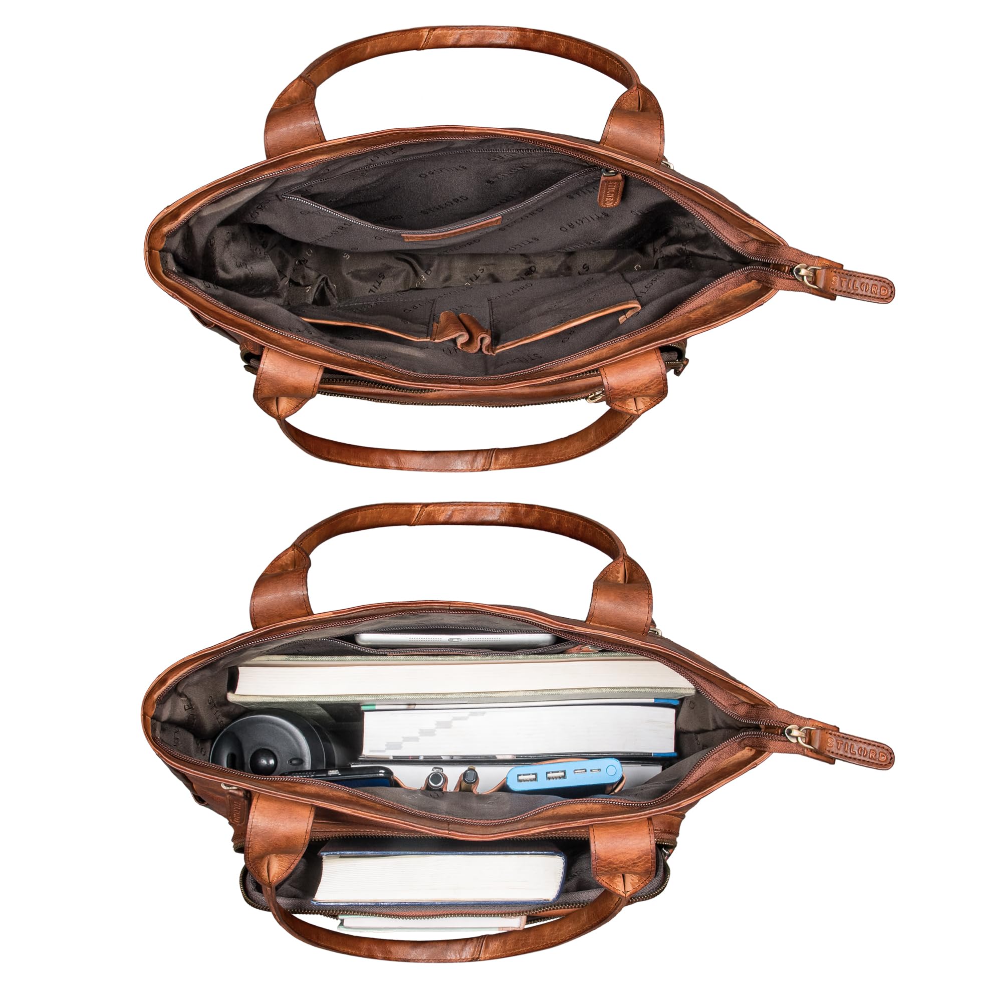 STILORD Bonnie Große Handtasche Damen Leder-Shopper mit vielen Fächern Laptop bis 15,6 Zoll Stylishe Umhängetasche für City Uni Büro Tote Bag Henkeltasche Echtleder Farbe:Brandy - Cognac