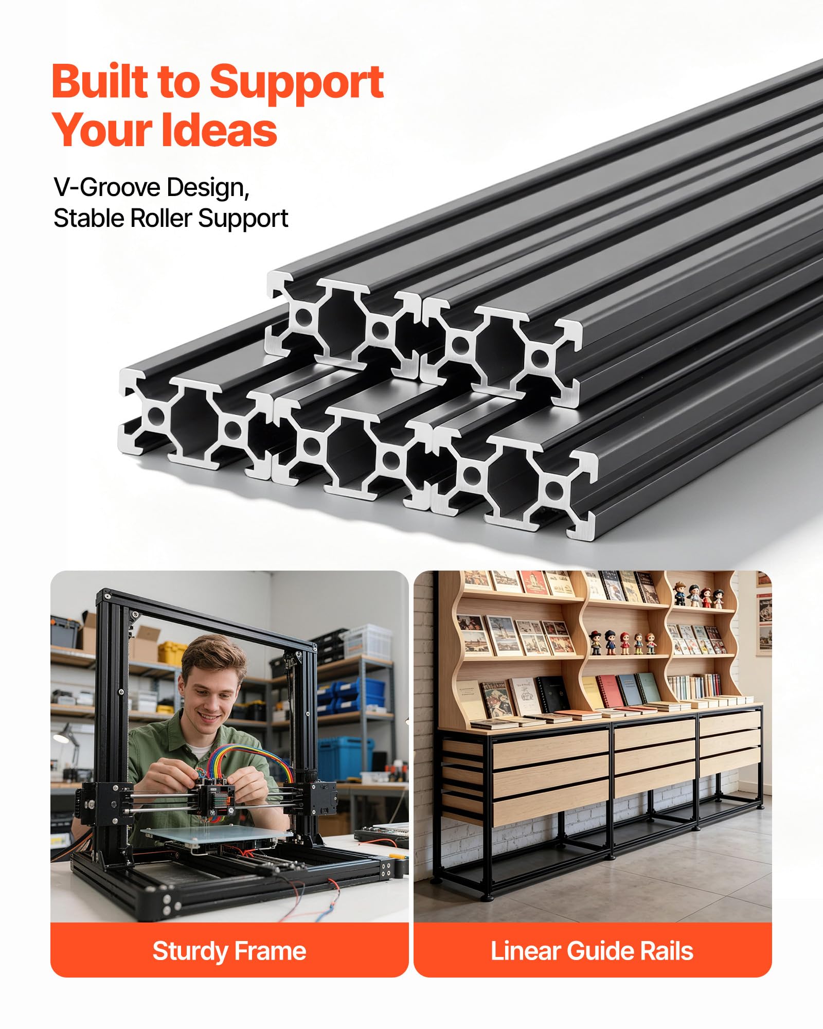 VEVOR 2040 Aluminium Profile 6 Stk. 2 m, Eloxierte V-Nut-Aluprofile nach EU-Standard, Hochfeste Strangpressprofile, Aluminiumschiene für 3D-Druckerteile, CNC-DIY-Werkbänke und Montage, Schwarz