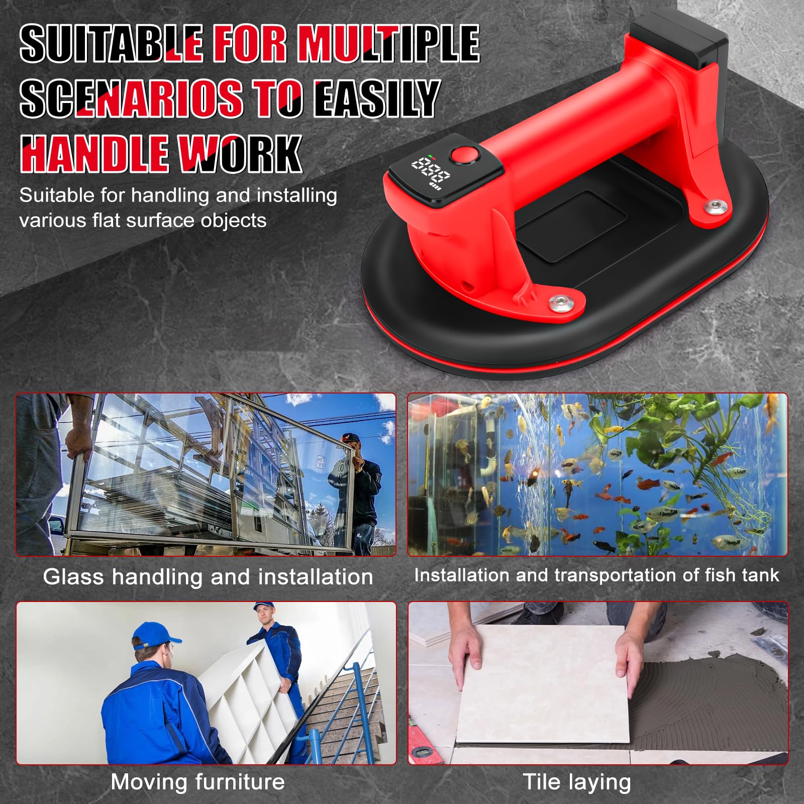 Sollevatore a batteria per piastrelle, ventosa a vuoto elettrico con display digitale, funzione di accensione/spegnimento automatico con 2 batterie, aspiratore in vetro per granito, vetro, piastrelle