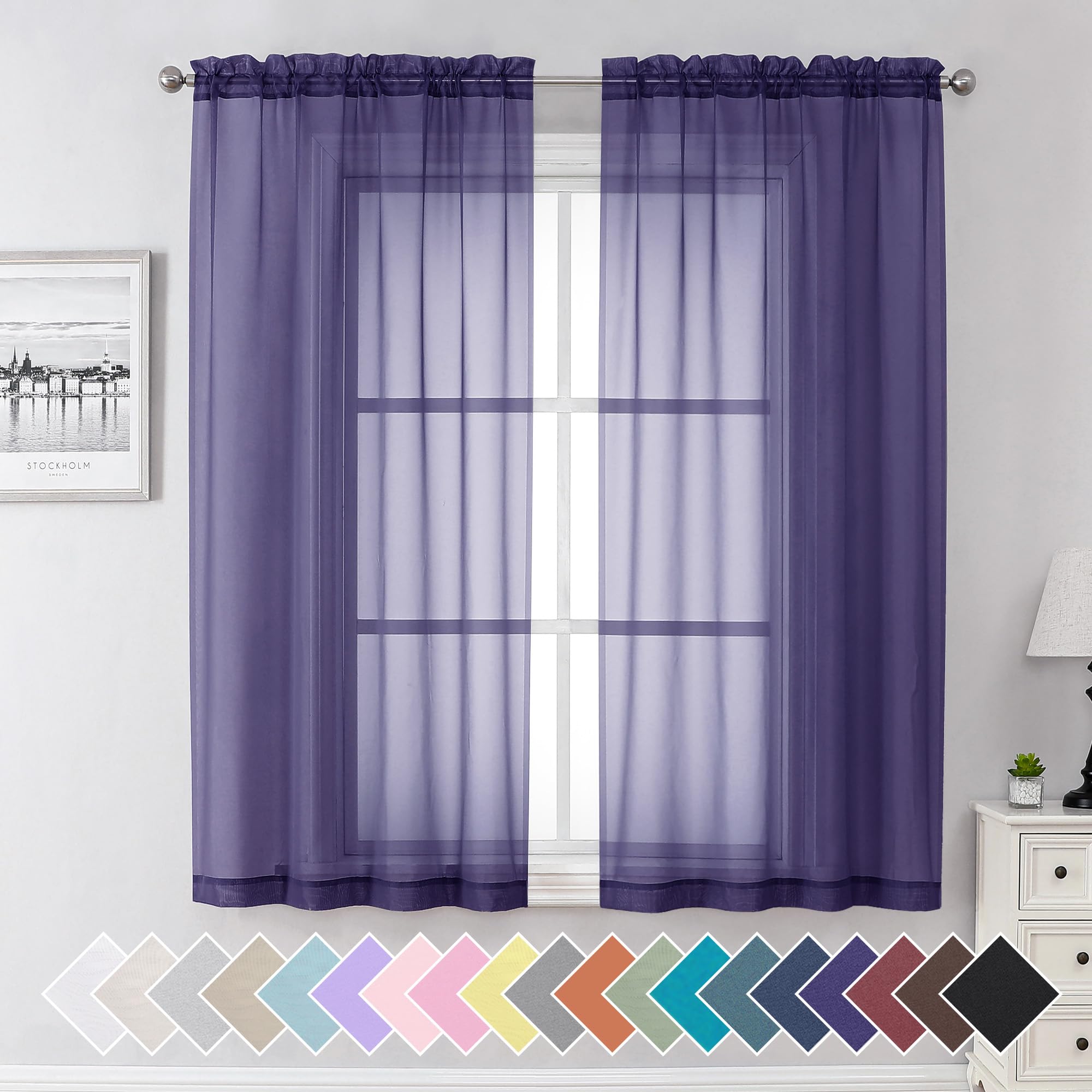 Aiyufeng Purple Sheer Curtains 63 inches Long, Rod Pocket Sheer Curtains for Kitchen Bedroom Living Room, 40" x 63", 2 Panels โ image 1