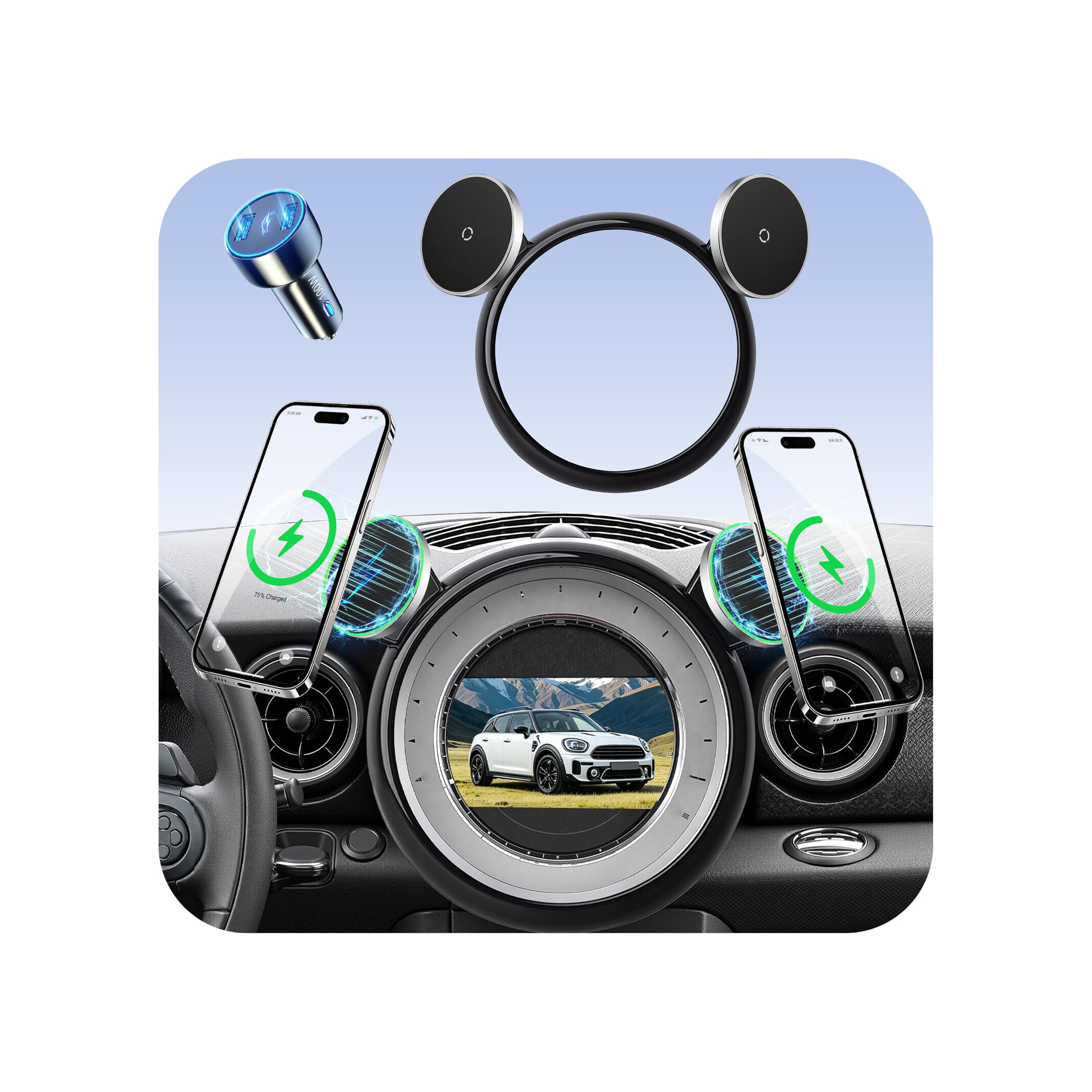 Supporto per telefono per BMW Mini Cooper (2007 – 2012 2013), supporto magnetico per iPhone, caricatore per auto Magsafe, 2 supporti per auto da 15 W, vivavoce a 360°, accessori auto 2011