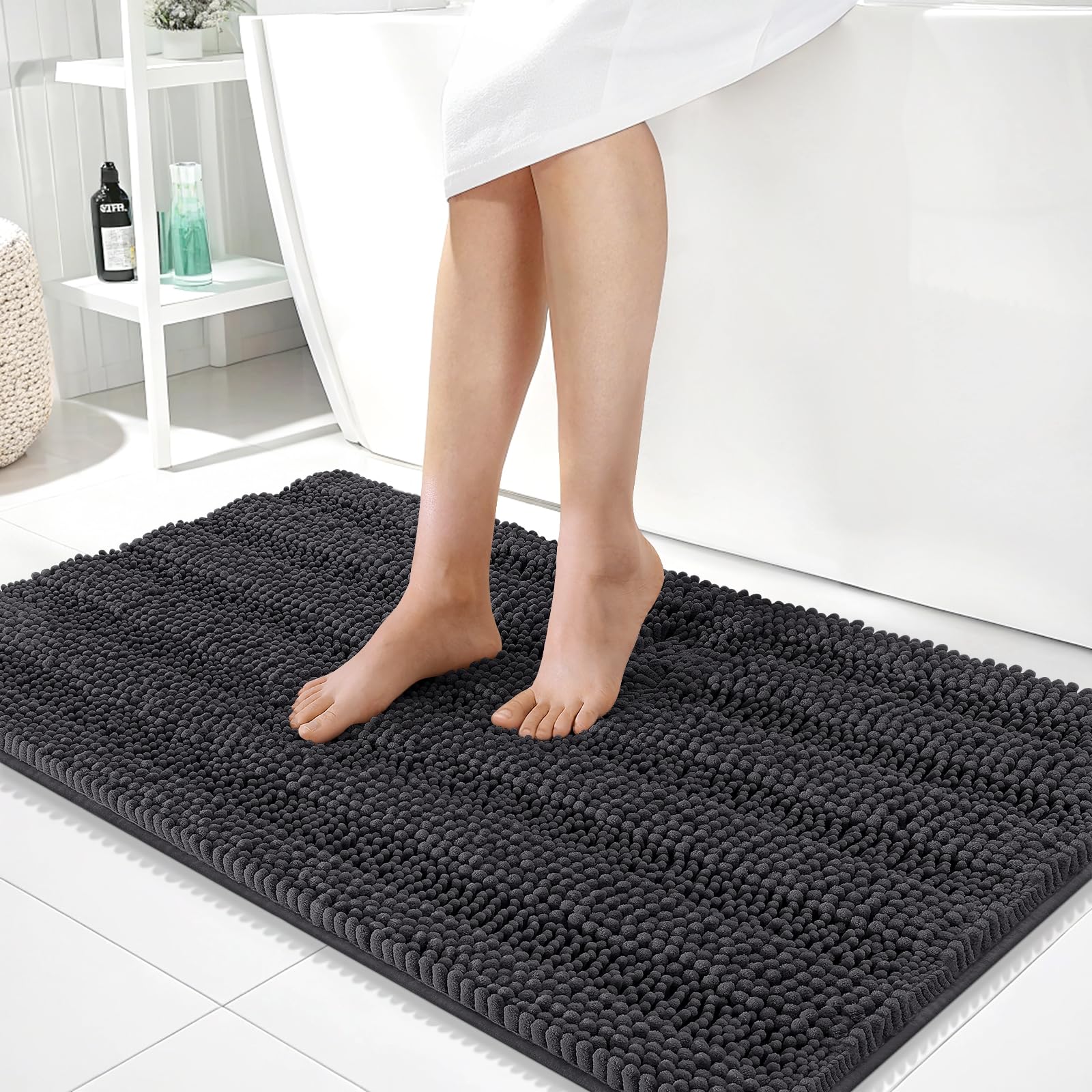 OLANLY Thick Large Bathroom Rugs 40x24, Soft Chenille Bath Rugs, Dark Grey