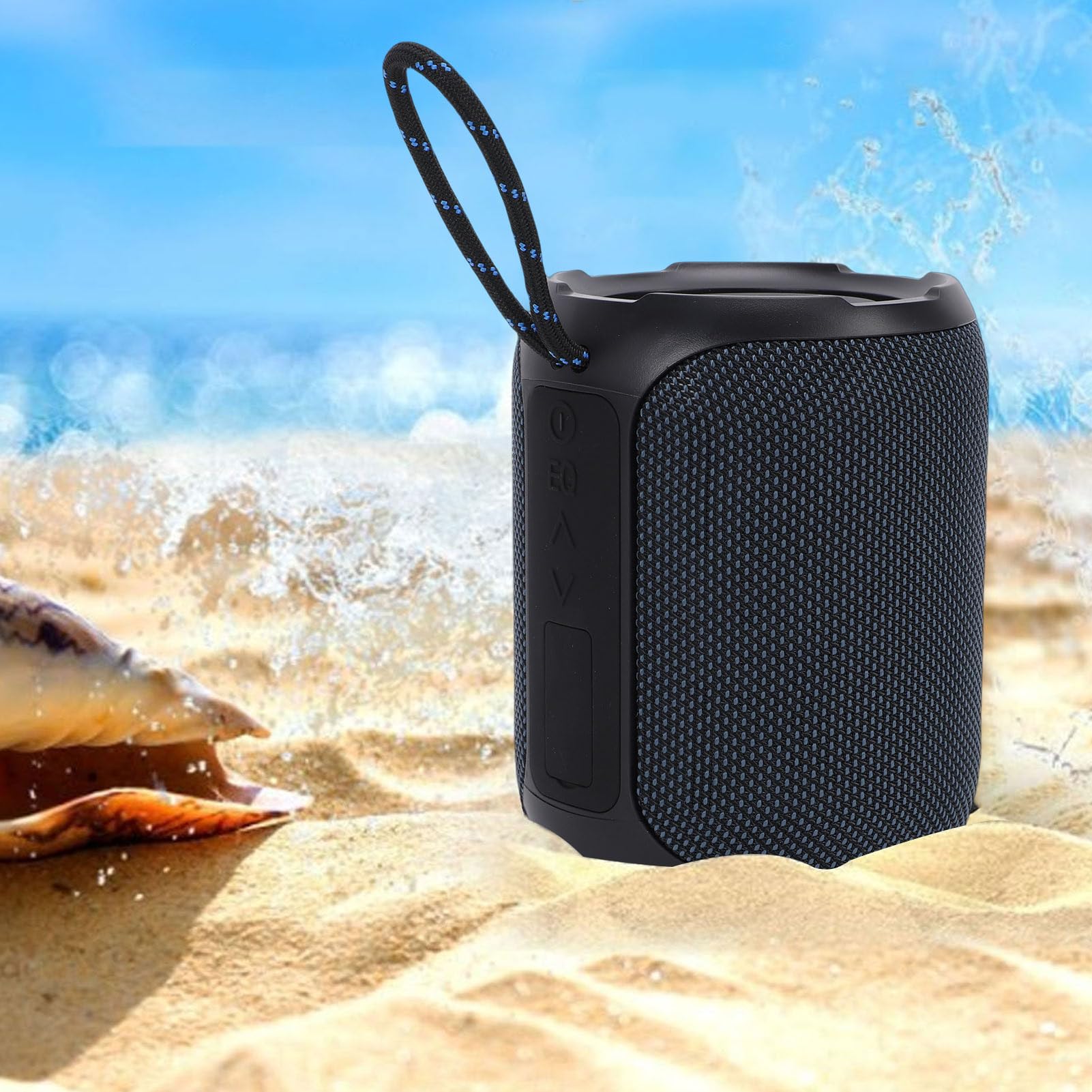 Cassa acustica con grado di protezione IPX7, subwoofer attivo da 5200 mAh, realizzata in ABS siliconico, dimensioni 130 x 130 x 105 mm.