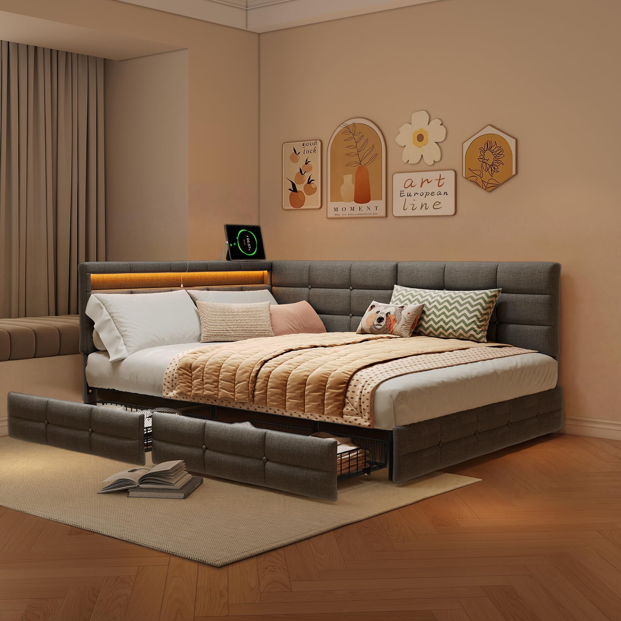 Letto Matrimoniale 140x200 con Testiera a L, Letto Imbottito con Luci LED RGB, USB e Presa di Ricarica, 2 Cassetti Estraibili, Struttura, Letto per ragazzi, Lino, Grigio