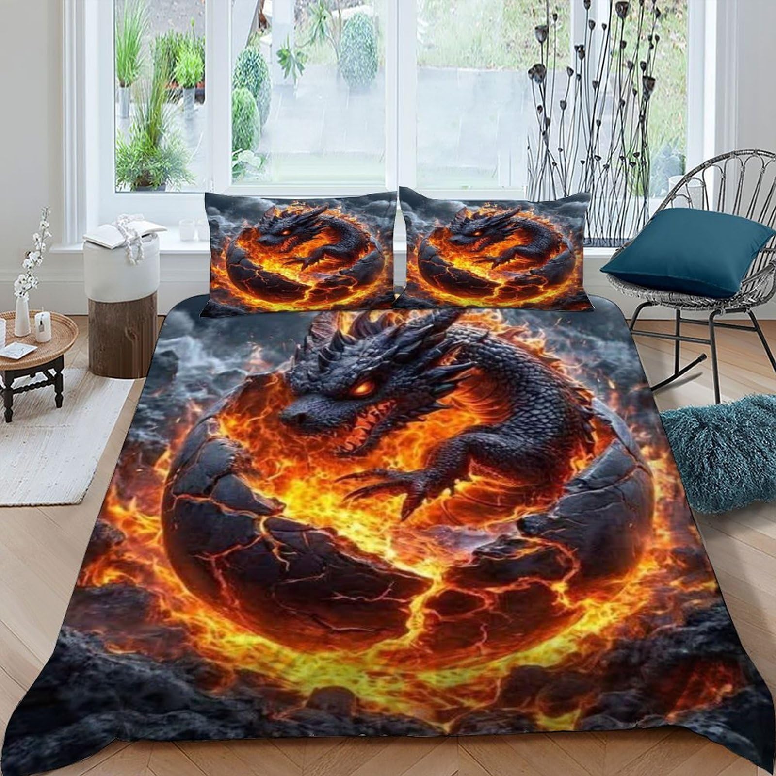 Dragon Fire Bedding Set Theme Bedspread Animal Theme Marine Animal Space Theme Duvet Cover Set Chic Breathable Quilt Cover for Boys&Girls with Pillowcase King（220x240cm）
