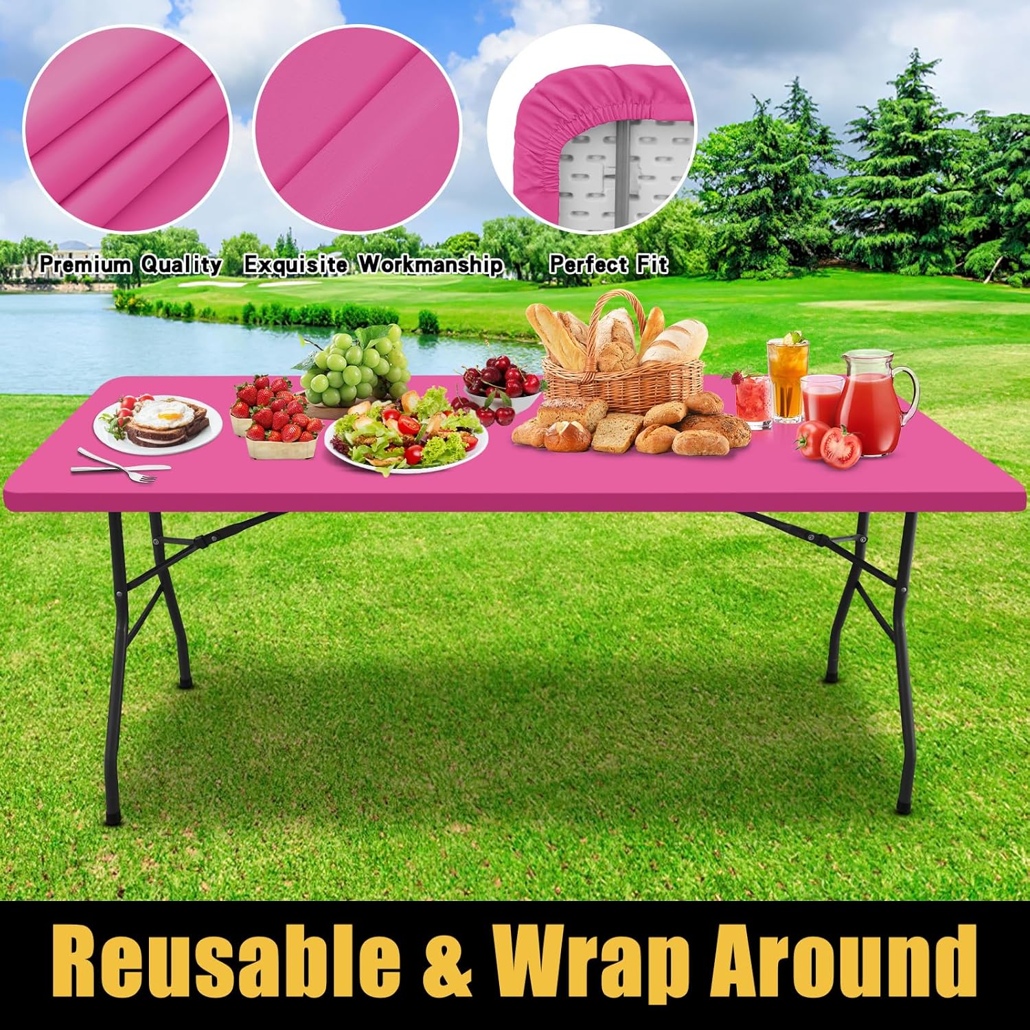 Smiry Rectangle Picnic Table Cloth, Waterproof Elastic Fitted Tablecloths for 6 Foot Tables, Washable Polyester Table Cover for Camping, Indoor and Outdoor (Rose Pink, 30"x72")