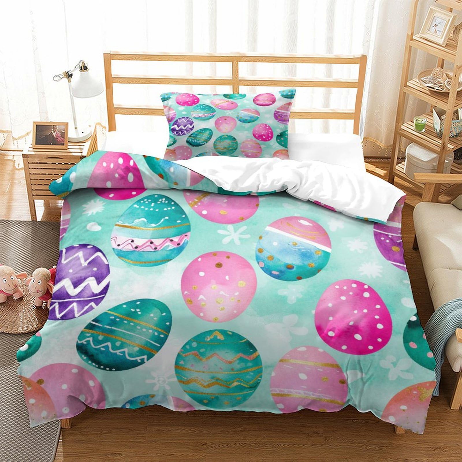 P1S9U7W5Y Vibrant Easter Egg 3D Printed Duvet Cover Set 3pcs Microfiber Festive Egg Bedding Set Single（135x200cm）