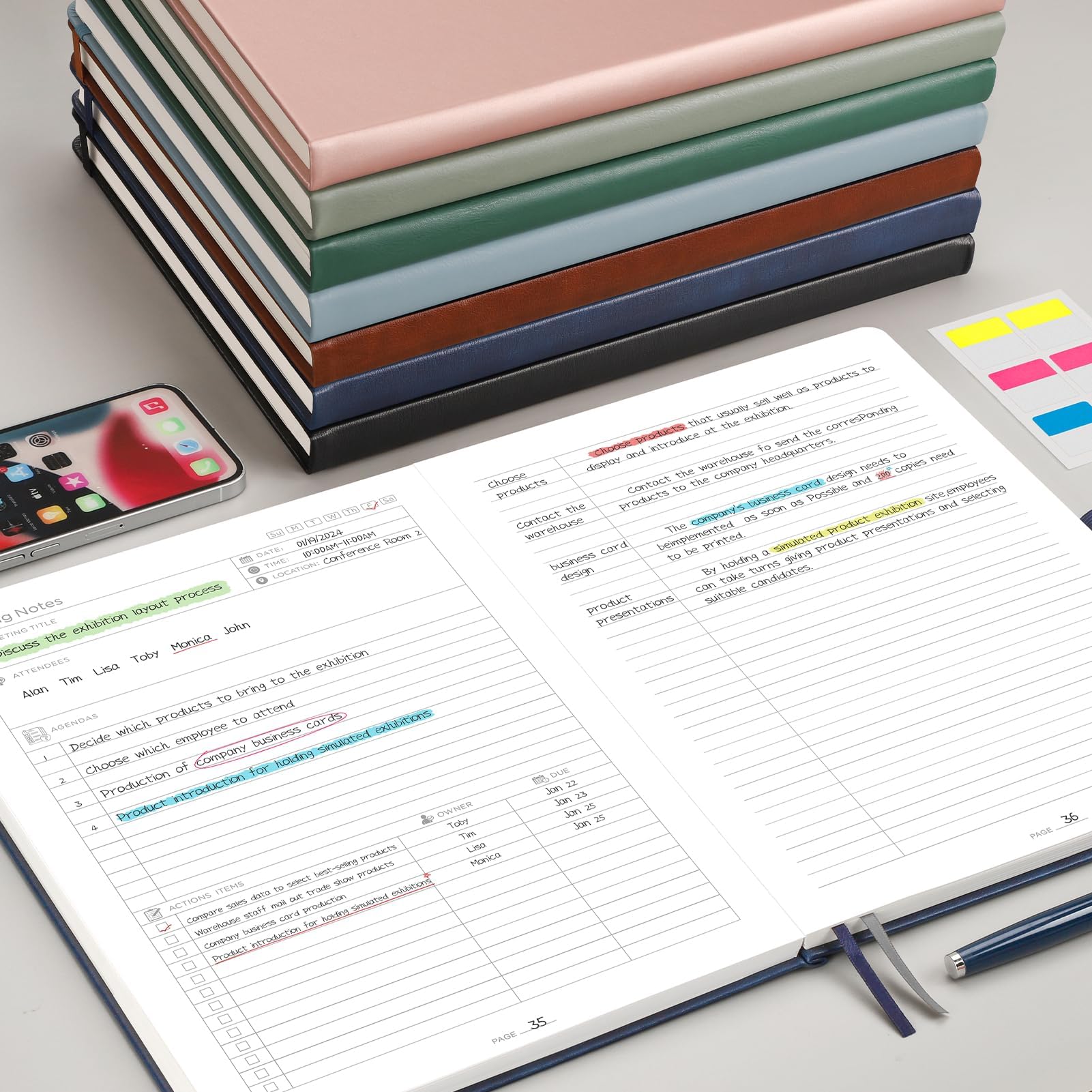 EMSHOI Cuaderno de reuniones para trabajar con artículos de acción, 240 páginas A4, planificador de proyectos grande, organizador de agenda, cuaderno de trabajo para mujeres y hombres, oficina,