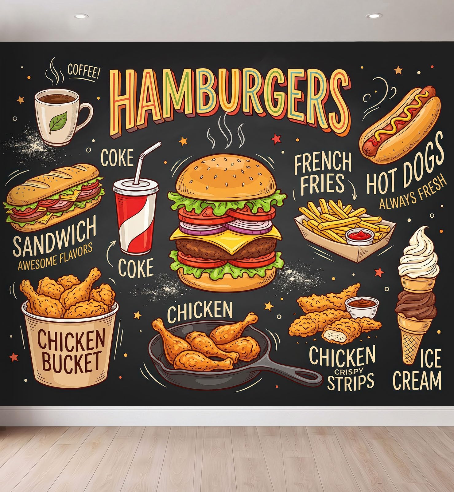 Fototapeta z motywem żywności, czarna, olbrzymi burgery i fast food, w amerykańskim stylu, tapeta z włókniny, nowoczesna tapeta ścienna, kuchnia, dekoracja ścienna, tapeta z motywem, 250 x 175 cm
