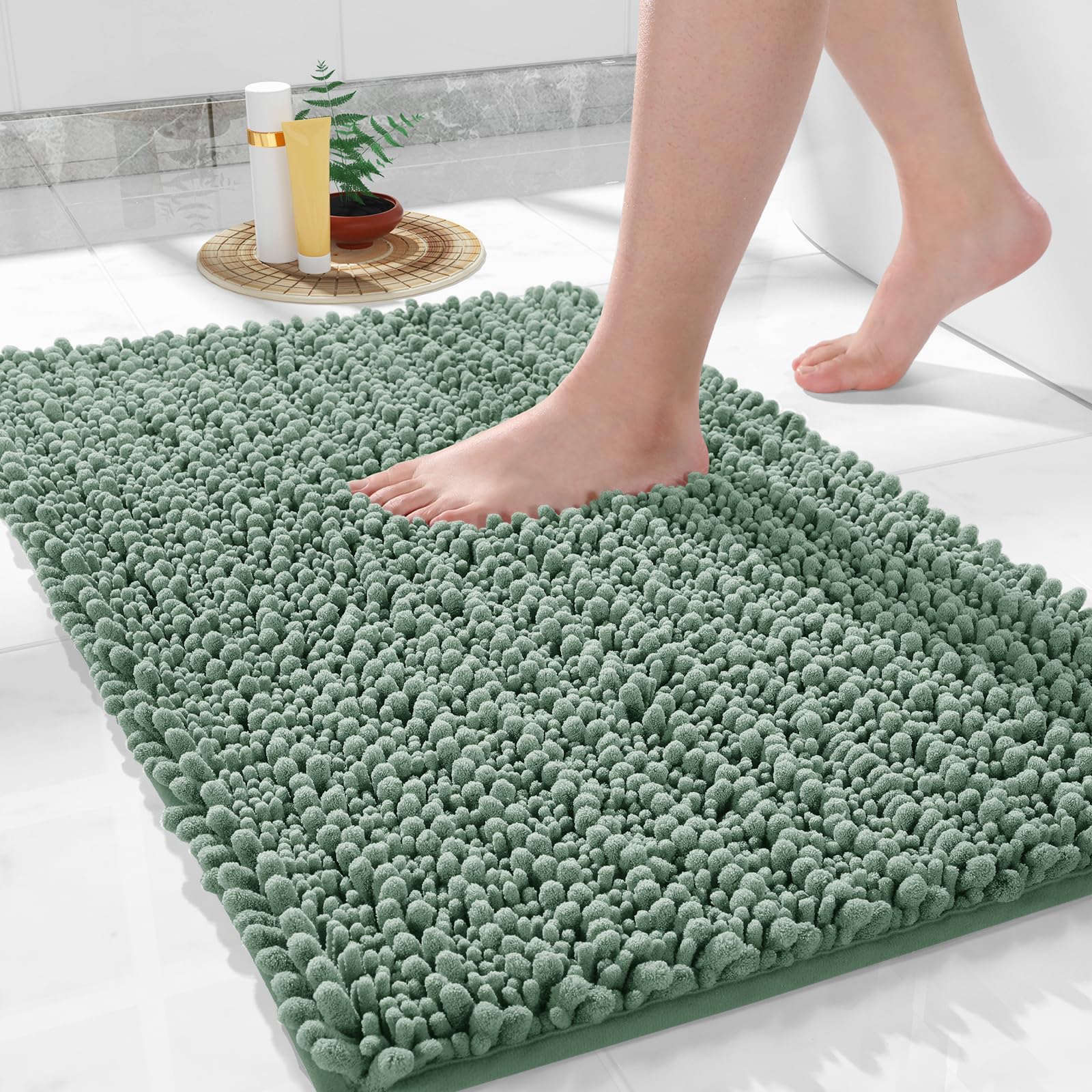 Yimobra Bathroom Rugs Non Slip Washable 32x20 Inch - Ultra Soft Absorbent Chenille Bath Mat, Quick Dry Shaggy Floor Carpet for Tub Shower, Green Home
