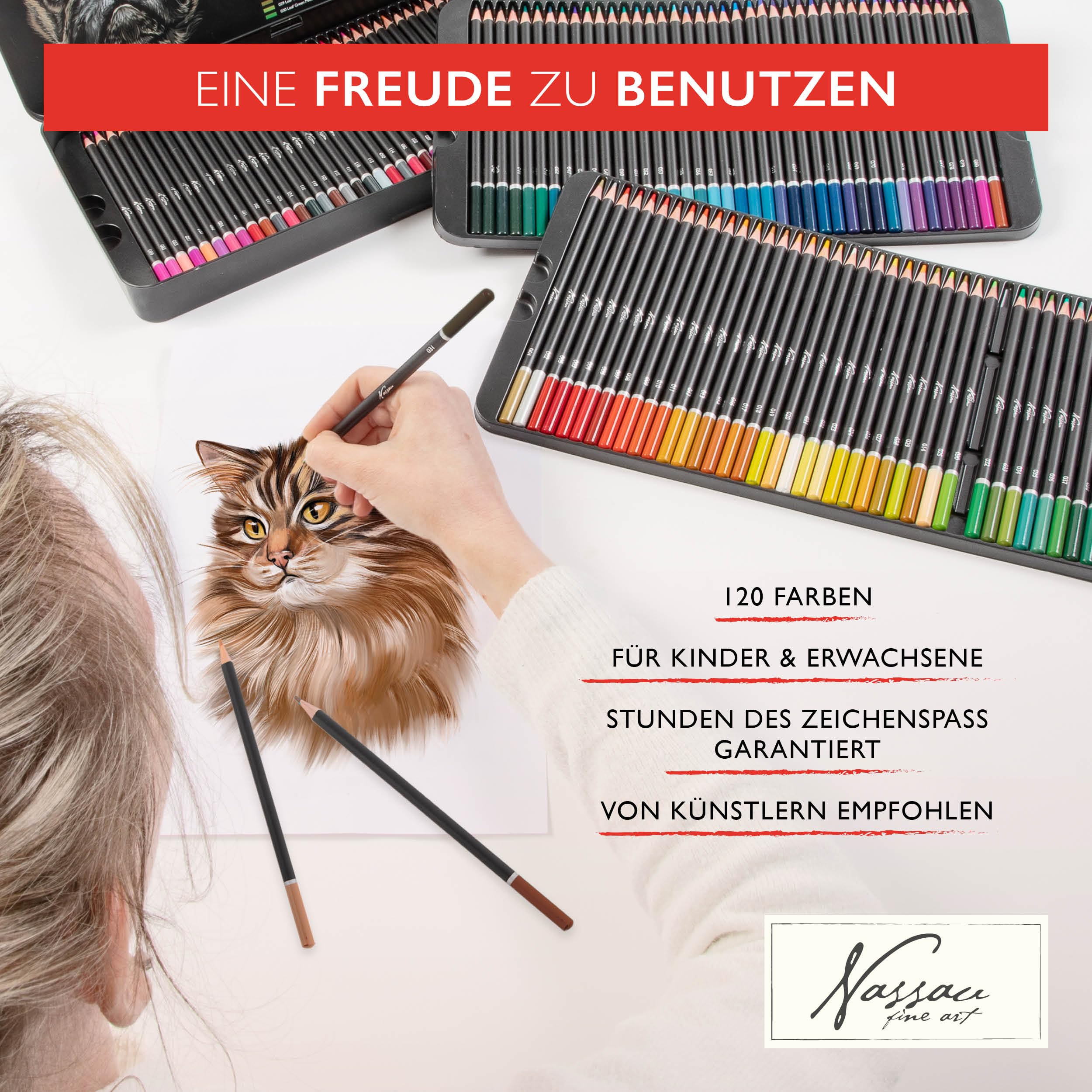 VAN NASSAU FINE ART Professional 120-teilige Buntstifte set in einer Präsentationsbox aus Blech | Holzstifte Zeichenset | Hochwertige Farbminen | für Kinder und Erwachsene