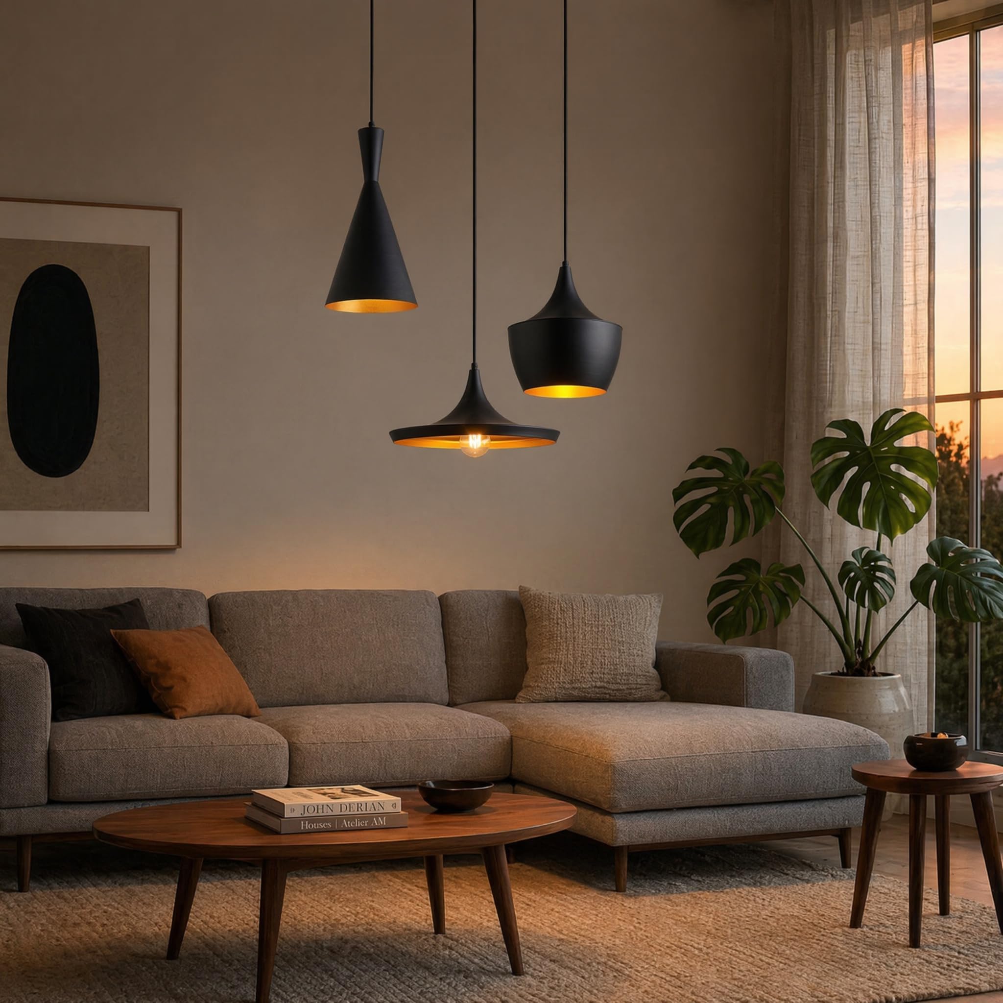 BARCELONA LED 3er Set Skandinavische Pendelleuchten SOLVANG HELGA KOLDING | Aluminium, Schwarzmatt, Goldene Innenseite, E27 Bis 40W, Höhenverstellbares Kabel, Warmes Licht