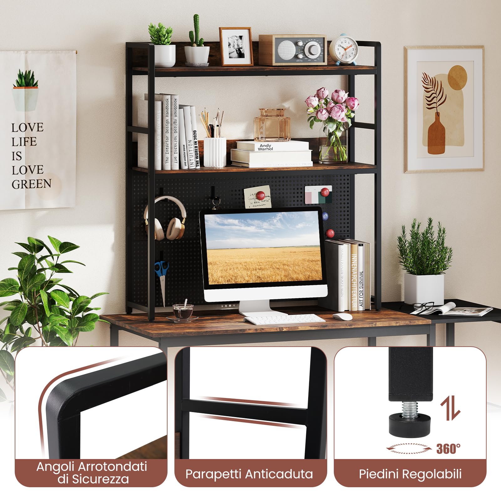 COSTWAY Libreria da Scrivania a 2 Livelli, Scaffale da Tavolo Industriale per Monitor di Computer Fino a 32", Organizzatore di Stoccaggio con Pegboard, per Dormitorio Ufficio e Casa, 94x27x103 cm