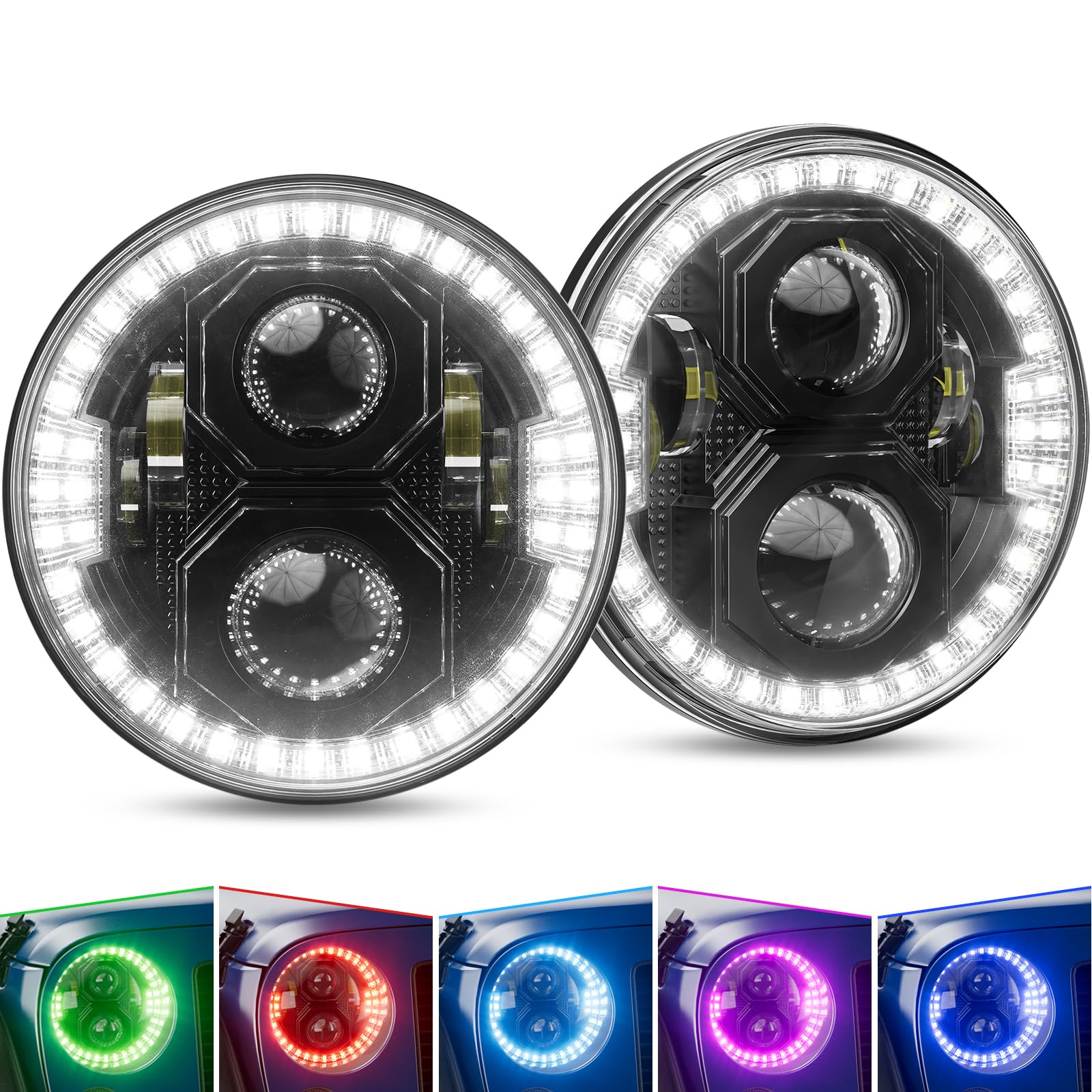 SUPAREE 2024 Newest 1000% Brighter 7 Inch LED Headlight Round [DOT-Approved] [High Low Sealed Beam] [HALO DRL & RBGW] fit for Jeep Wrangler JK JKU CJ TJ Chevy Ford GMC Dodge Mazda Nissan Mack VW etc