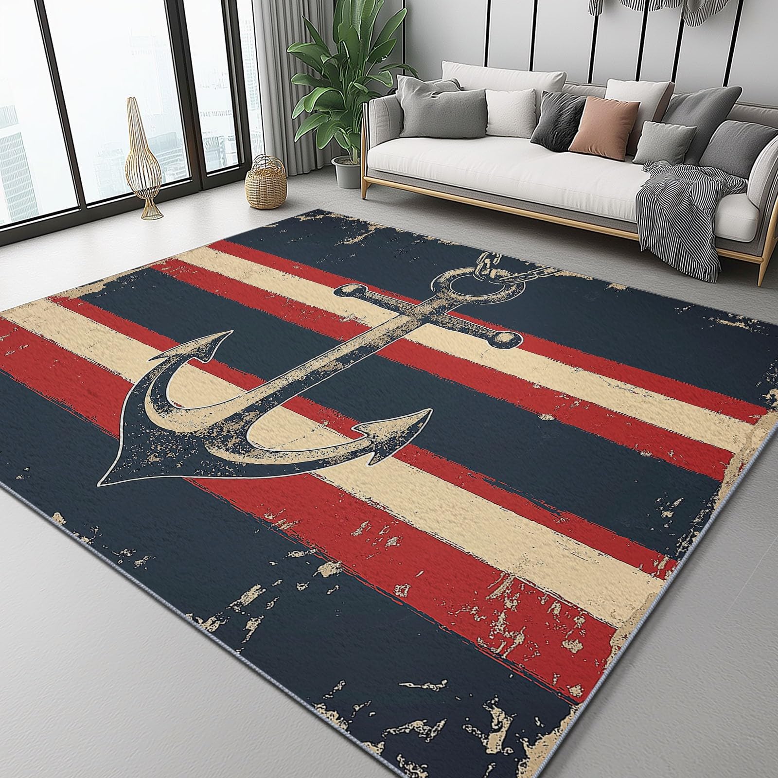 Tappeto Strisce Ganci Effetto Consumato Vintage Stampa Tappeto Lavabile, Moquette Antiscivolo Morbido 160 x 230 cm Scendiletto Camera da Letto Tappeti Lavabili per Salotto Cameretta Bambino, Rosso Blu