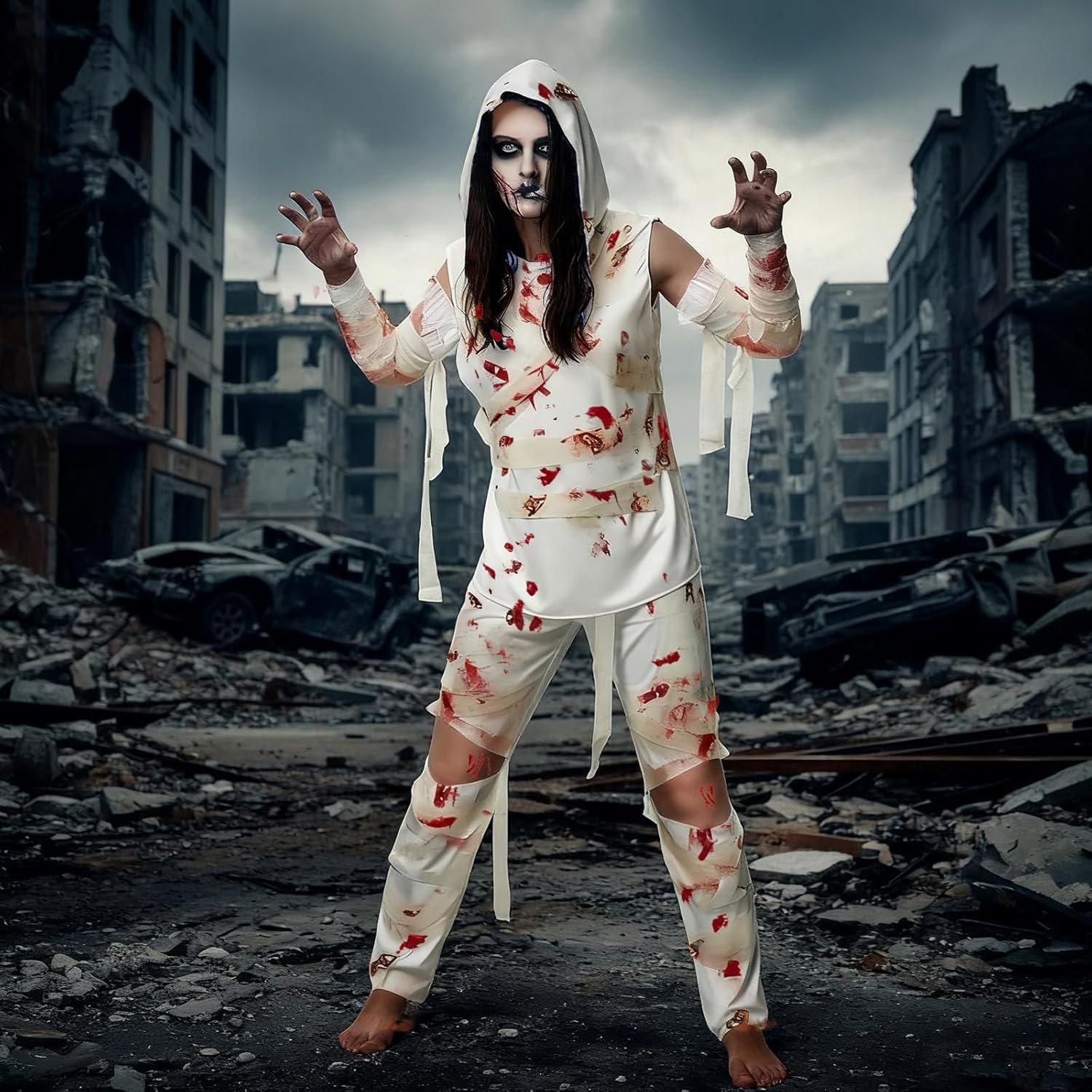 Mepase 4 Pcs Halloween Mummy Costume Zombie Costume for Men Women, Include Top Pants Sleeves Bandage Mummy Wrap Cosplay - Image 7