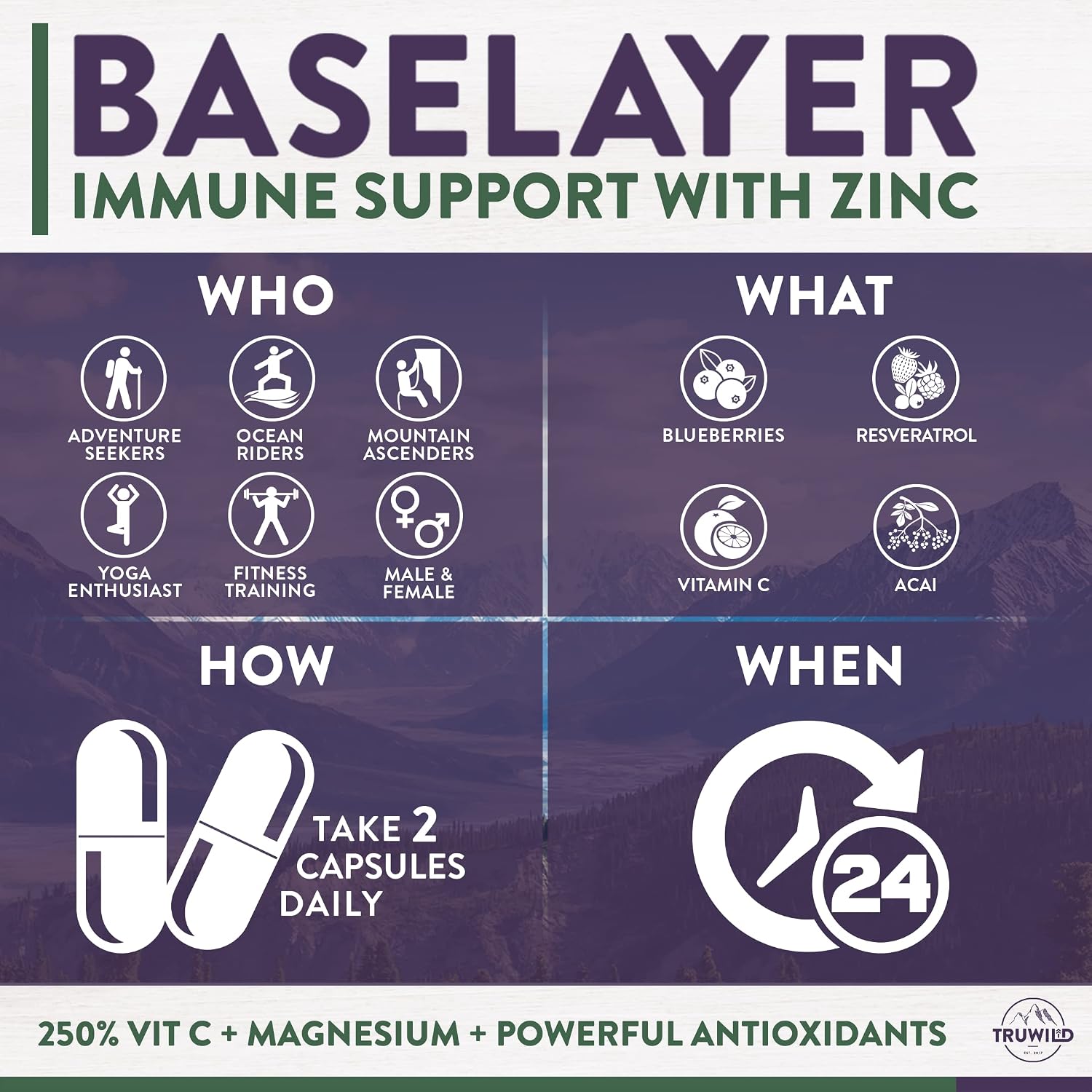 TruWild Baselayer Vegan Immune Support & Antioxidant – All Natural Vitamin C + Zinc + Magnesium + Resveratrol + Acai – Non-GMO – Gluten Free Capsule Supplement Made in The USA cGMP – 30 Servings