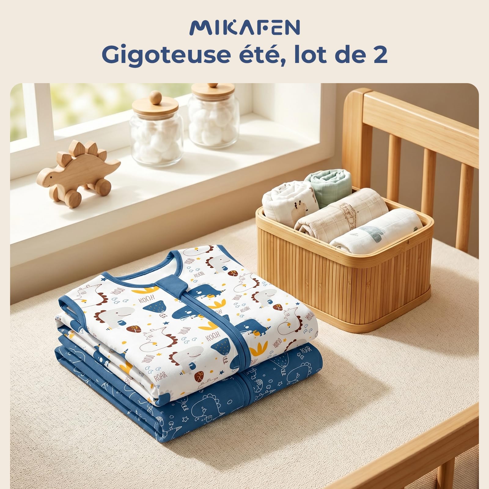 Lot de 2 Gigoteuses d'été pour bébé 0,5 Tog, Coton, Gigoteuse d'été pour Enfants pour garçons et Filles, Dinosaure et Bleu foncé, 0-6 Mois