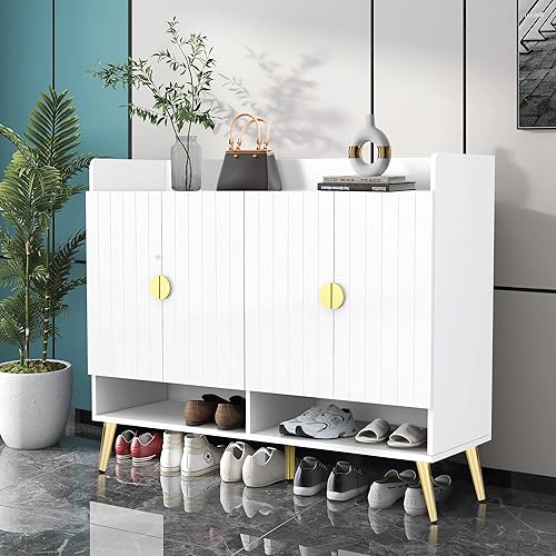 Miniatura 4 de JEJEGORICH Armario de zapatos con 4 puertas de 11 niveles, zapatero moderno de madera independiente para zapatos, organizador para entrada, pasillo