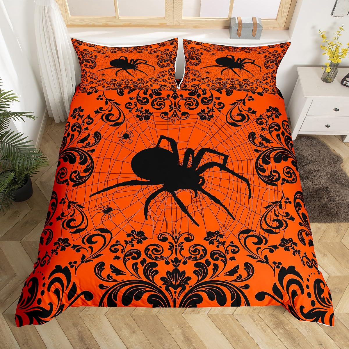 Halloween King Bedding Set Burnt Orange Black Spider Web Comforter Cover Damask Floral Gothic Duvet Cover for Kids Adults Room Decor Goth Floral Spiders Quilt Cover 2 Pillow Cases
