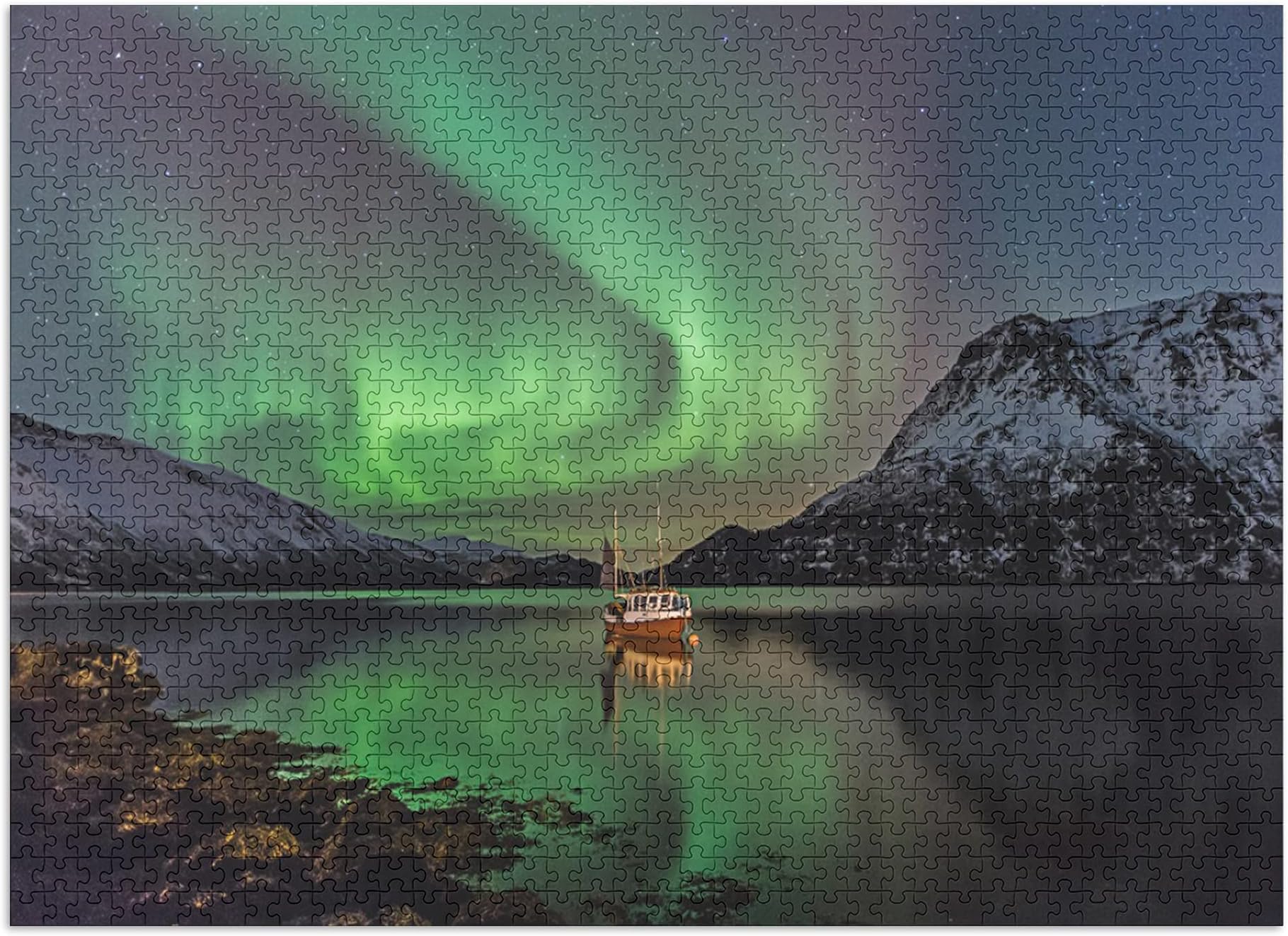 Fishing Boat on Lake and Northern Lights (Premium 1000 Piece Jigsaw Puzzle for Adults, 19x27, Made in USA!)