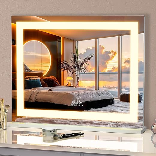 FENCHILIN Vanity Mirror with Lights, Hollywood Lighted Makeup Mirror with 14 Dimmable LED Bulbs for Dressing Room & Bedroom, Tabletop or Wall-Mounted, Slim Metal Frame Design (White)