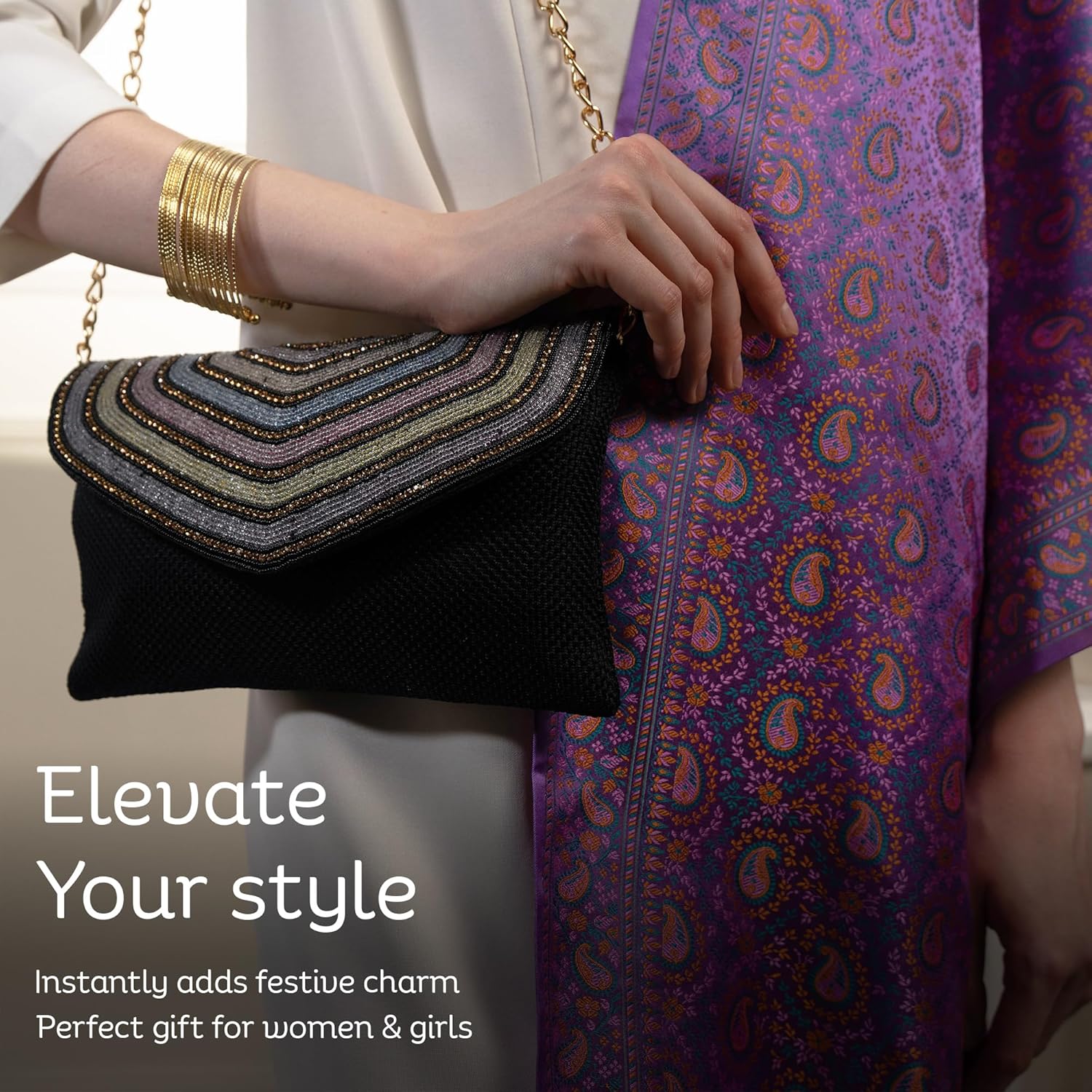 Beaded Clutch & Crossbody Bag – Party Wear Purse with Gold Chain for Women & Girls