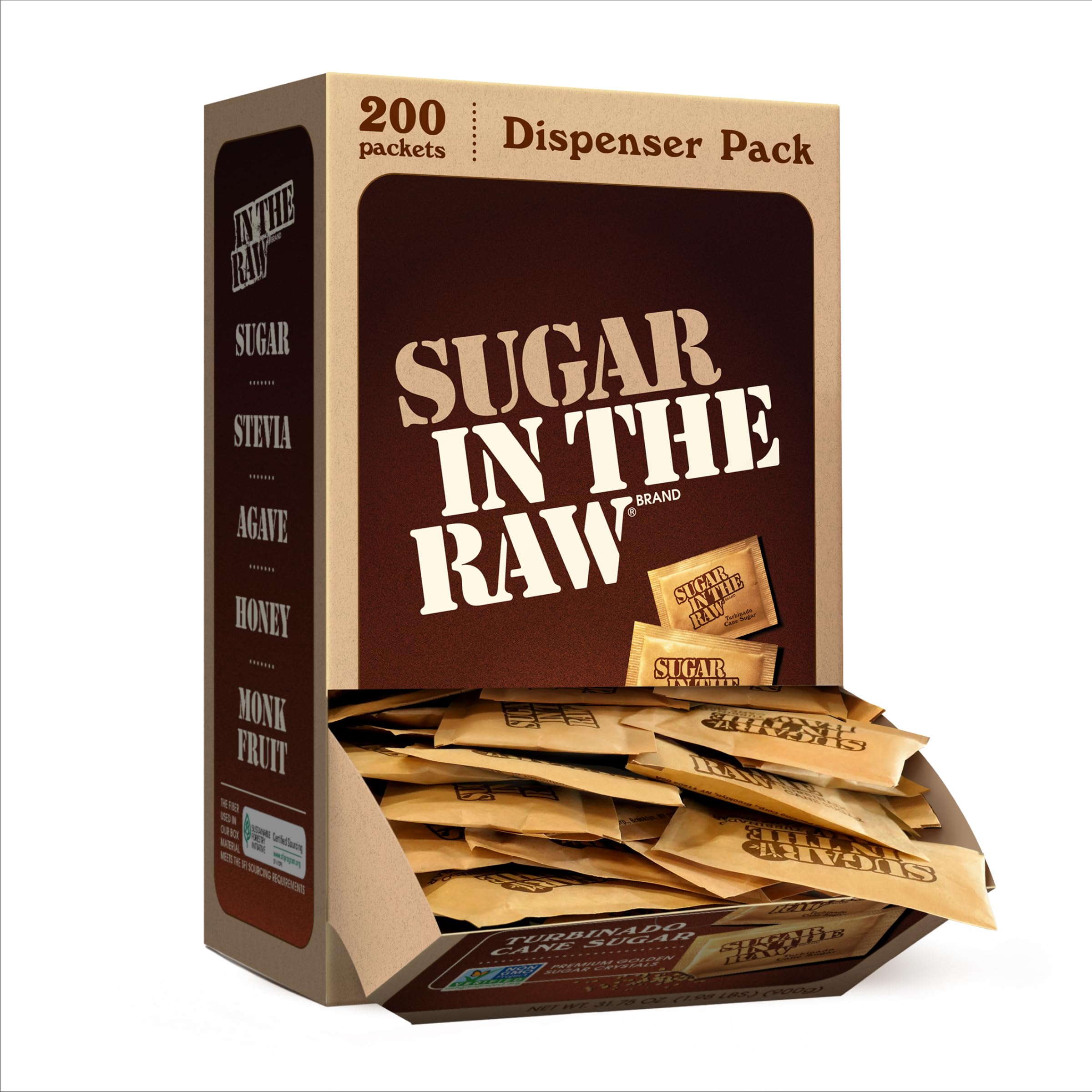 In The Raw Turbinado Cane Sugar Packets, 200 Ct Box, 1 Pack, Pure, All-Natural Turbinado Sugar, Non-GMO Project Verified, Kosher, Vegan and Gluten Free