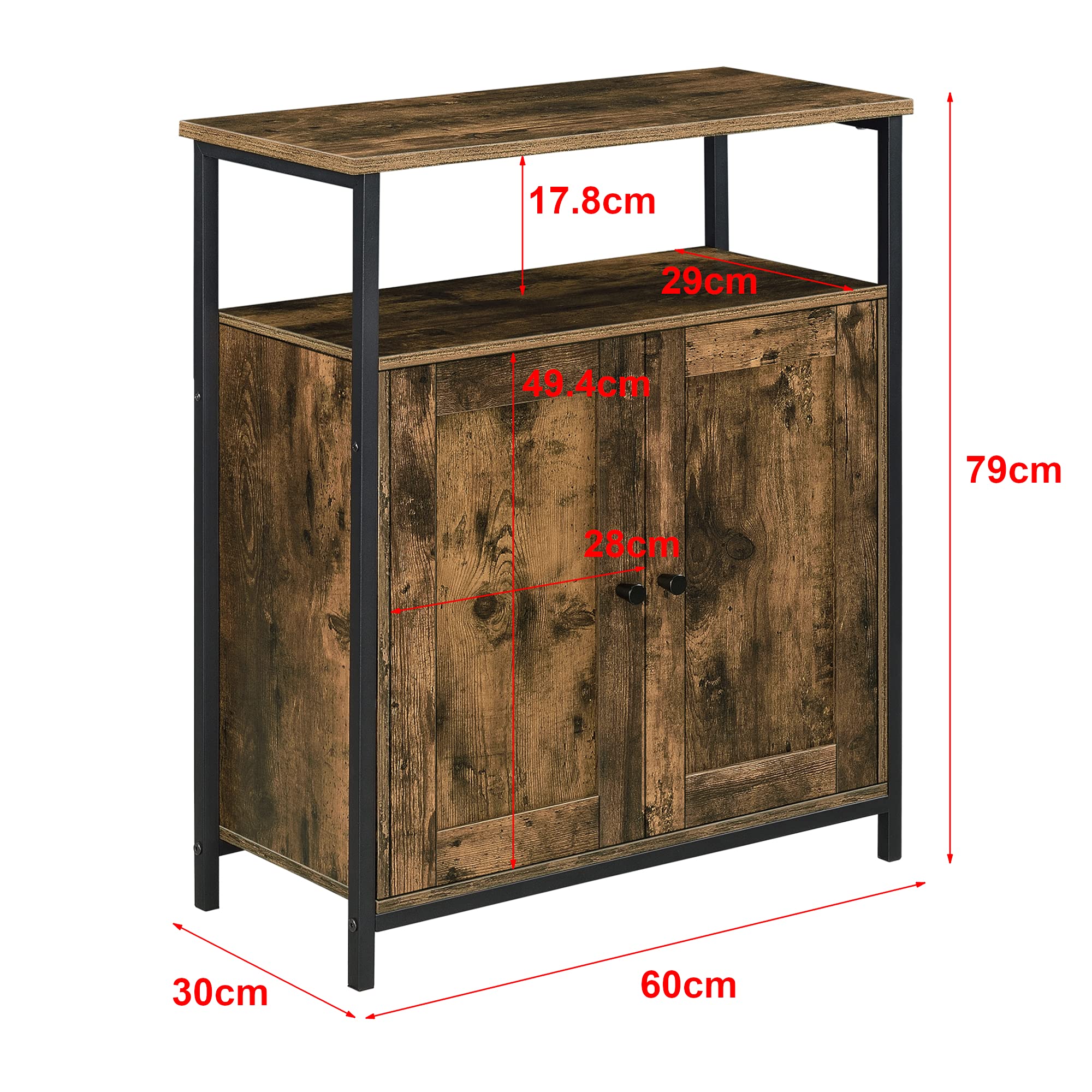 [en.casa] Comò/Credenza (AxLaxP) 79 x 60 x 30 cm Mobile per Soggiorno/Cucina/Camera da Letto - Telaio Laterale in Ferro, Armadietto a 2 Ante e Ripiani - Effetto Legno Scuro