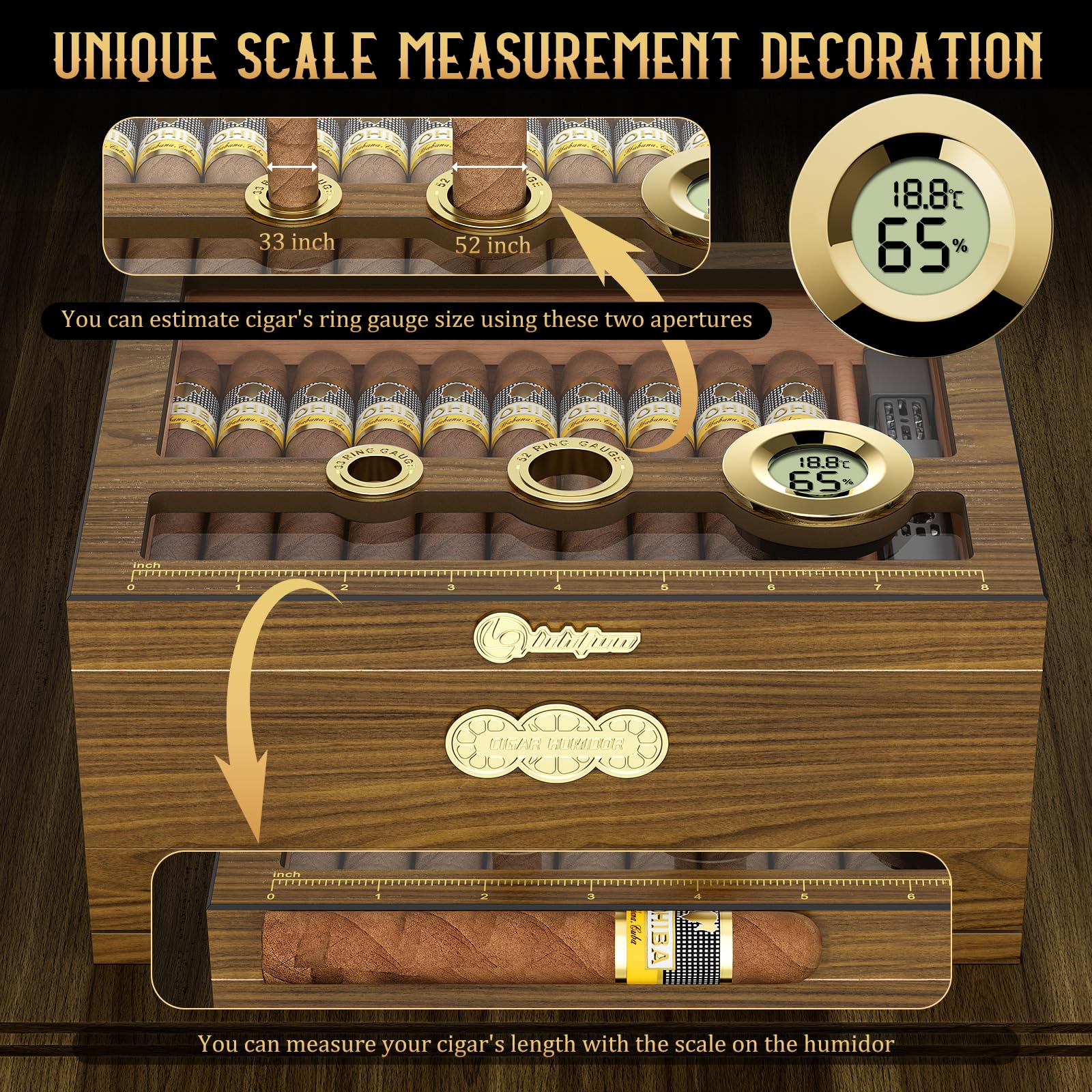 LIHTUN Zigarren Humidor, Glas Top Desktop Humidor Box, Zigarren Geschenke für Männer, Zedernholz Zigarrenkoffer mit Digital Hygrometer, Luftbefeuchter, Messskala und Zigarren Zubehör Schublade