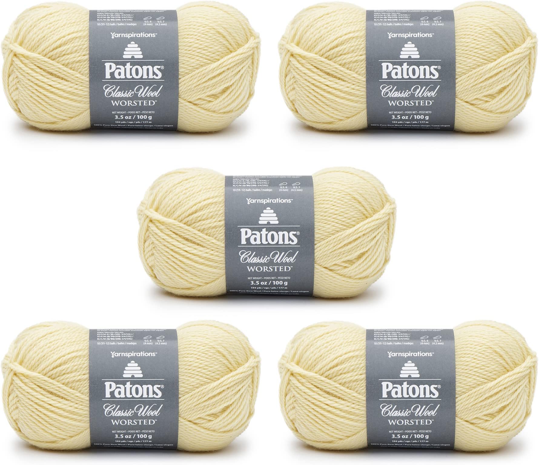 Patons Classic Wool Soft Sunshine Yarn - 5 Pack of 3.5oz/100g - Wool - 4 Medium - 210 Yards - Knitting/Crochet