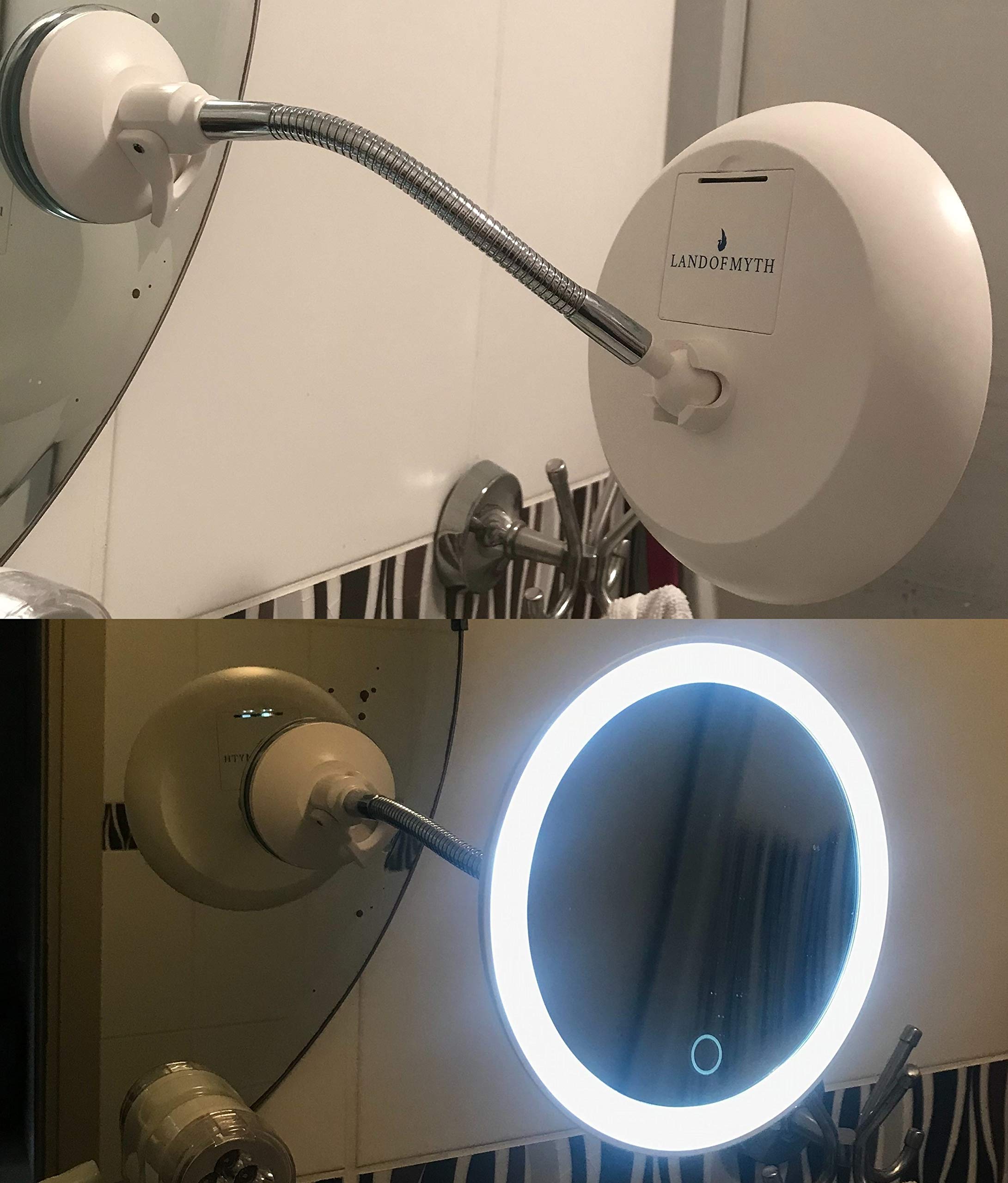 LAND OF MYTH - Şerit LED Işıklı Banyo Makyaj-Tıraş Aynası, 10X HD Büyütme, Esnek, Dokunmatik Işık Kısma, Ayarlanabilir Kol