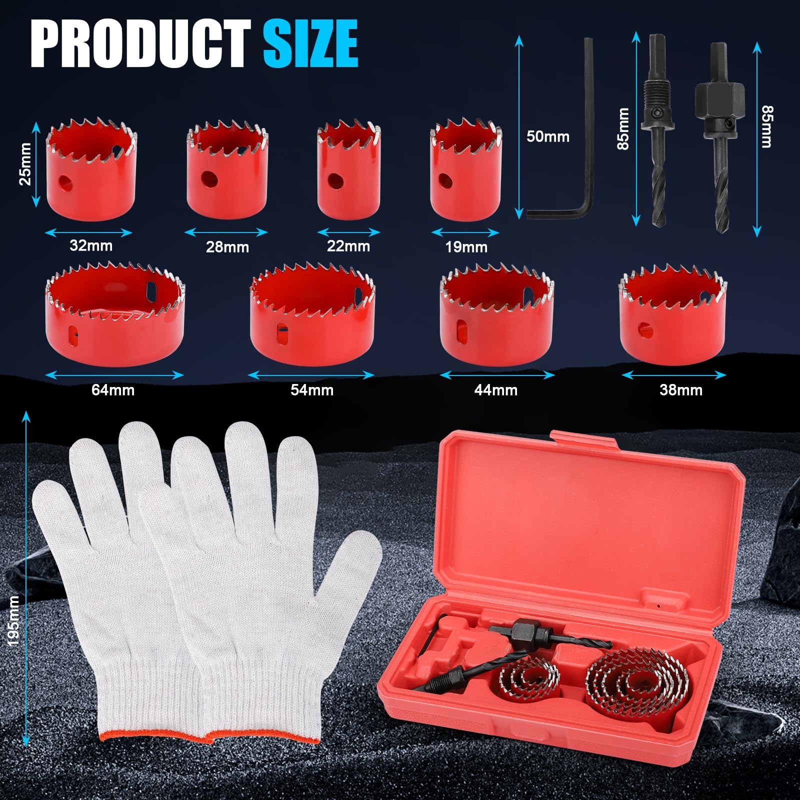Hole Saw Sets, 11Pcs Holesaw 19-64mm Hole Cutter Kit Carbon Steel Perfect for Drilling Soft Metal Wood, PVC, Plastic - Image 2