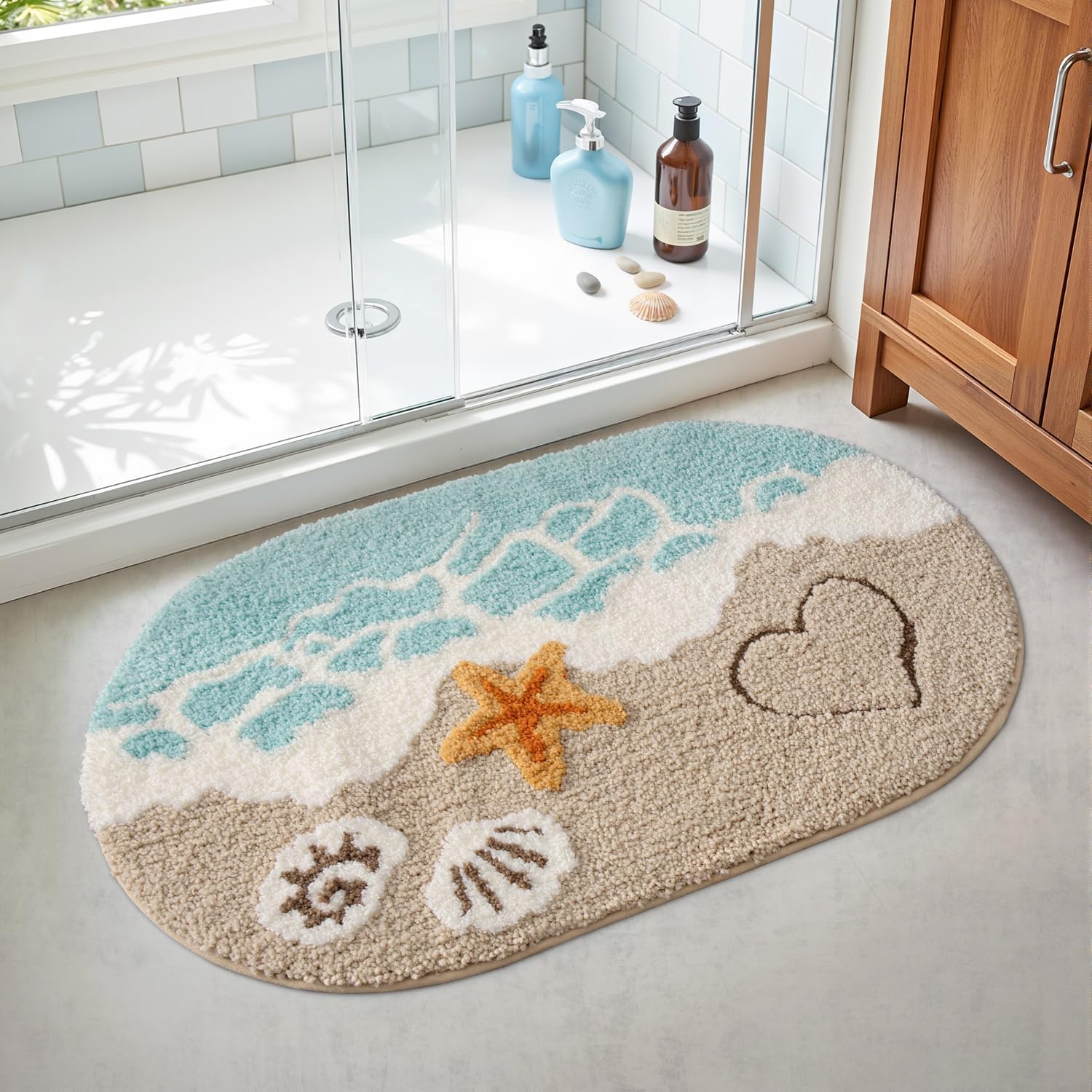 DEXI Tapis Salle de Bain Antidérapant 54 x 86 cm Ovale Absorbant Lavable Motif Plage