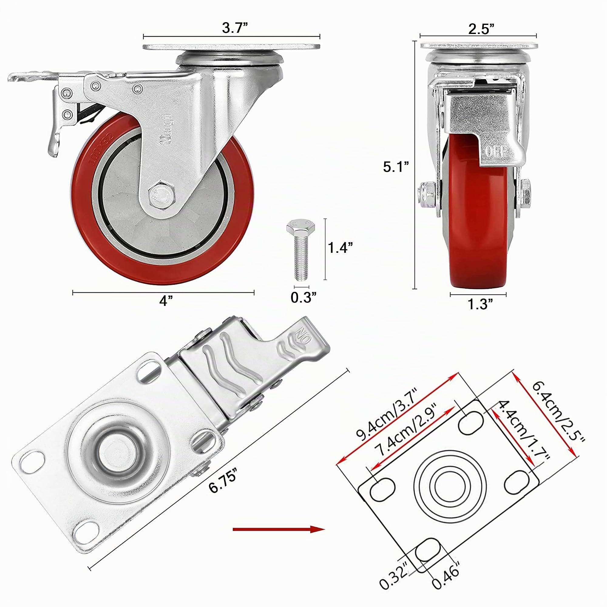 Ruedas para Muebles Pesados con 4 Freno + Tornillos - 100 mm Hasta 800 kg - 4 Ruedas que No Dejan Marcas de Alta Resistencia - Ruedas Giratorias para Palets Engomadas
