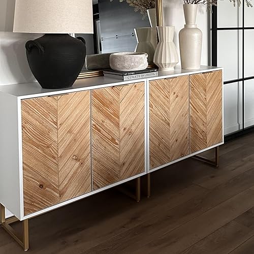 Miniatura 5 de Nathan James Enloe Modern Storage Free Standing Accent Cabinet White with Doors in a Rustic Pine Wood Finish and Gold Powder-coated Metal Base for