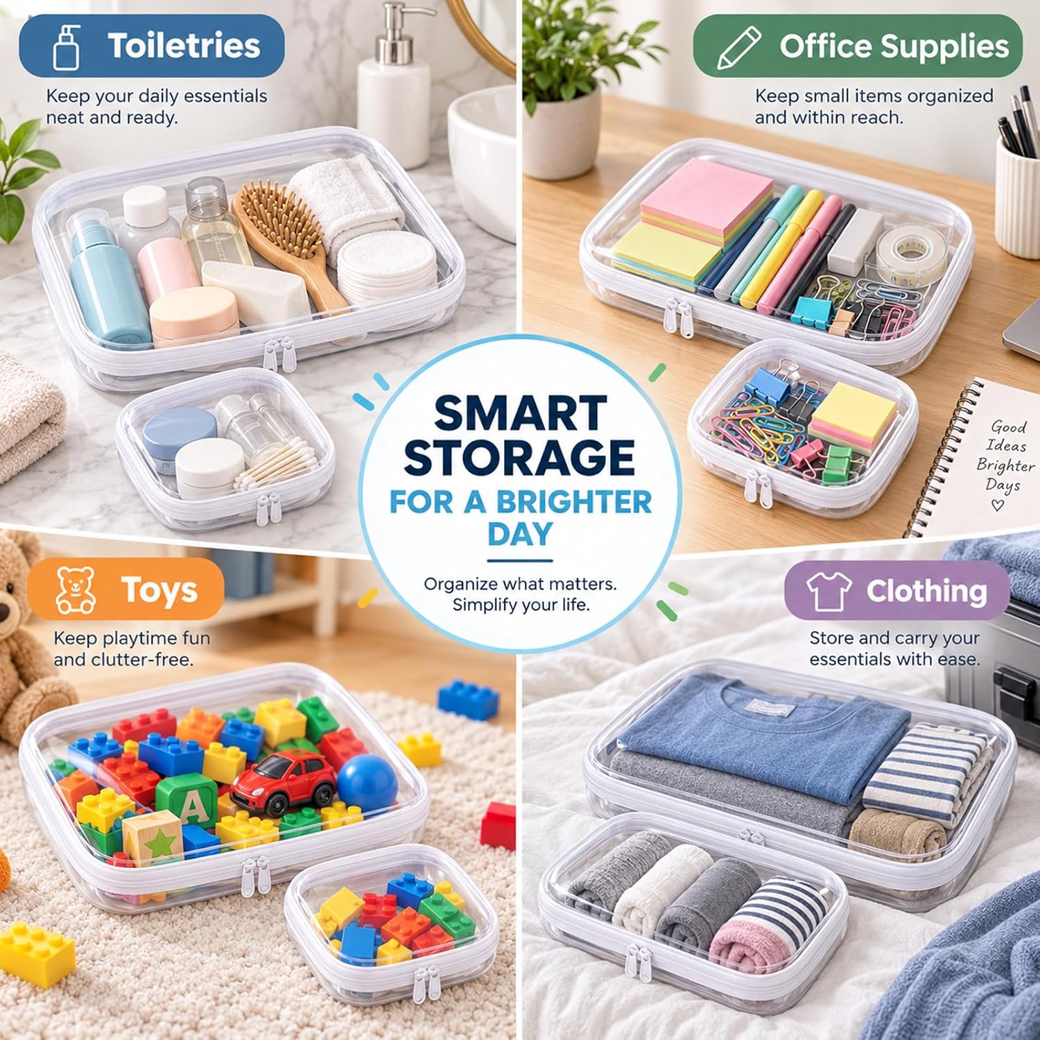8 Pack Clear Hard Shell Zipper Case, 3 Sizes Stackable Storage Set image 5