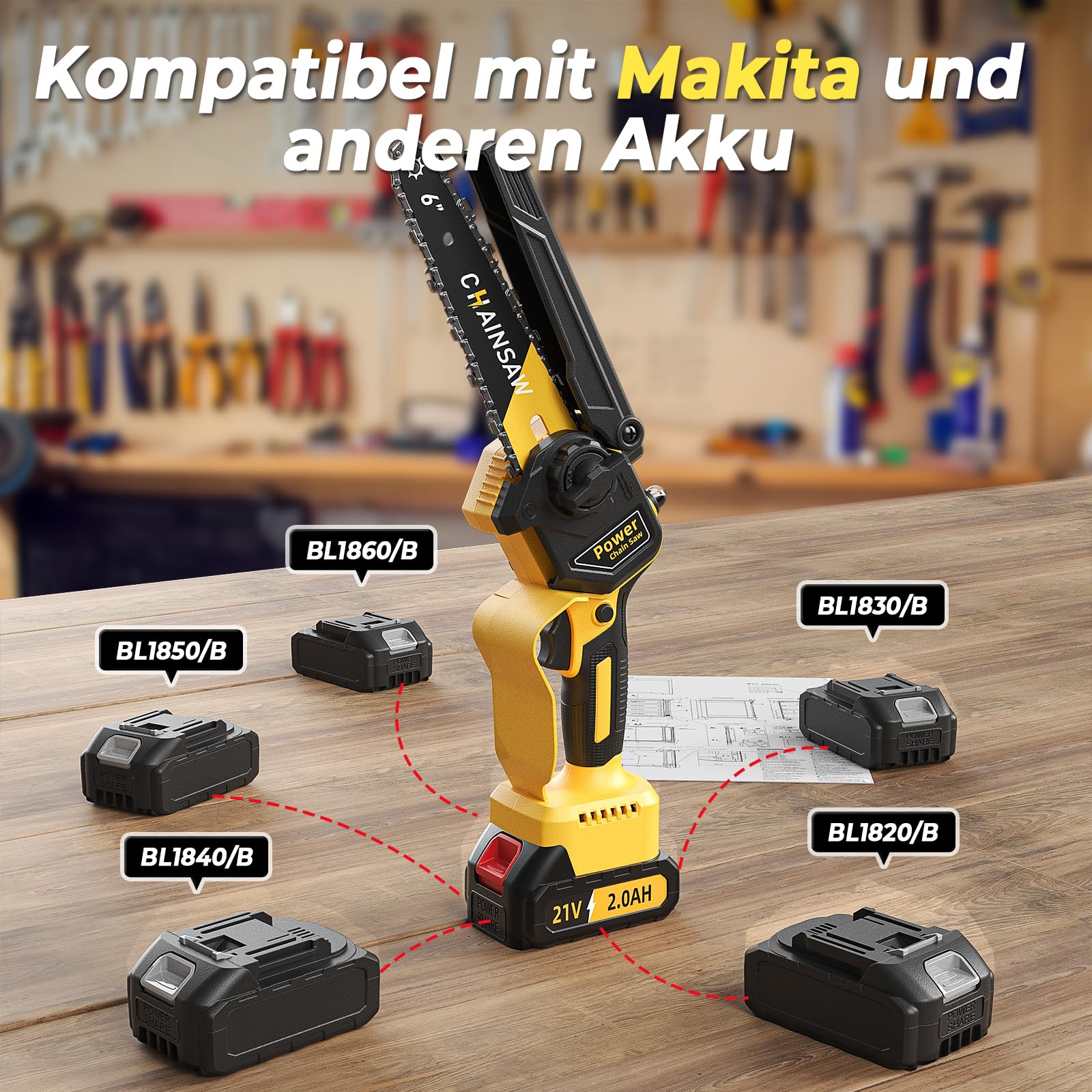 Mini Akku Kettensäge 6 Zoll, 1000W Brushless Mini Kettensäge Elektro mit 4000mAh Akku, Handkettensäge mit Auto-Öler, Astsäge Akku Kompatibel mit Makita, Motorsäge für Garten Baumschnitt Schere