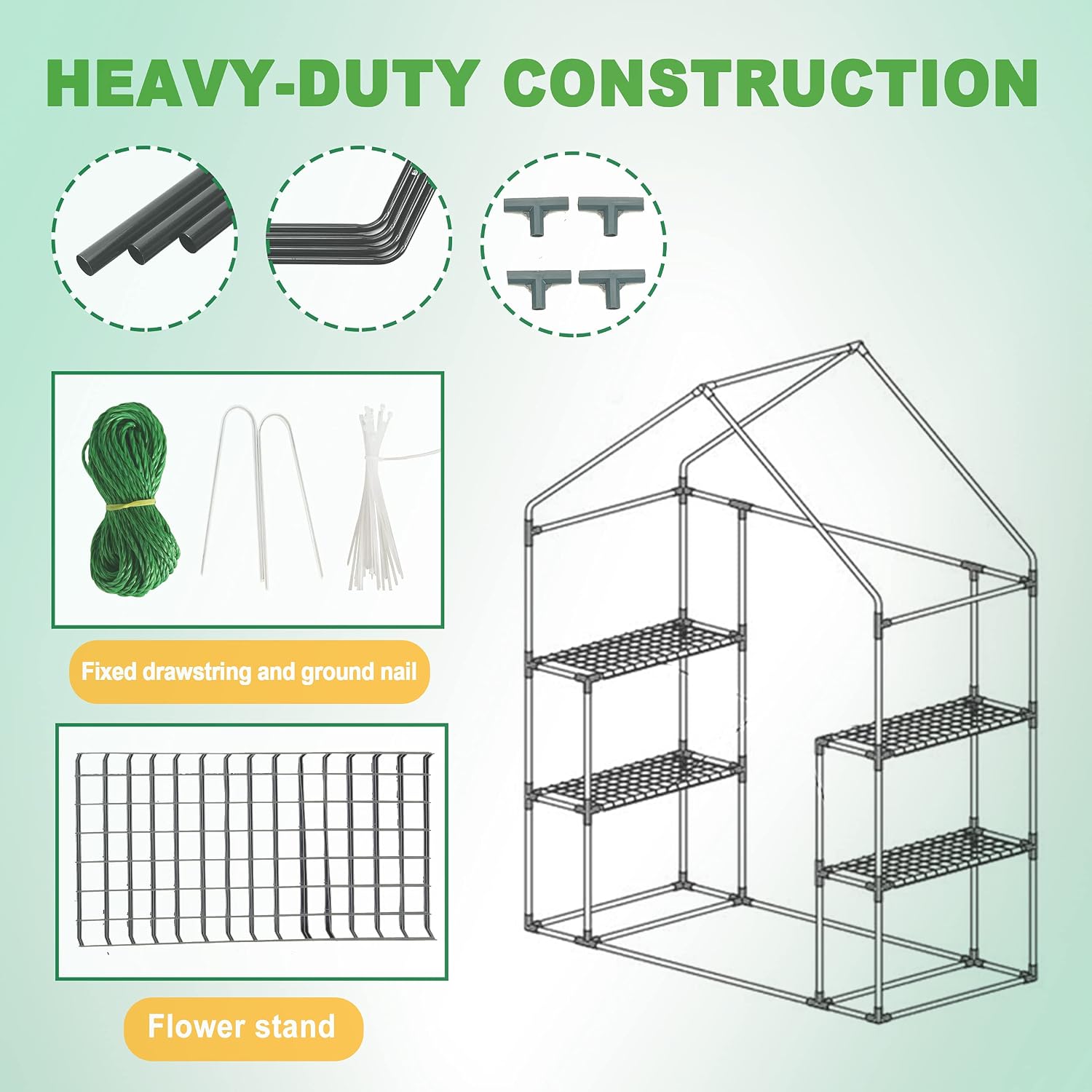 Greenhouse, Outdoor, Walk-in, 3 Tiers, 4 Shelves, Roll-up Zipper Door, Windows, Clear PVC, Steel Frame